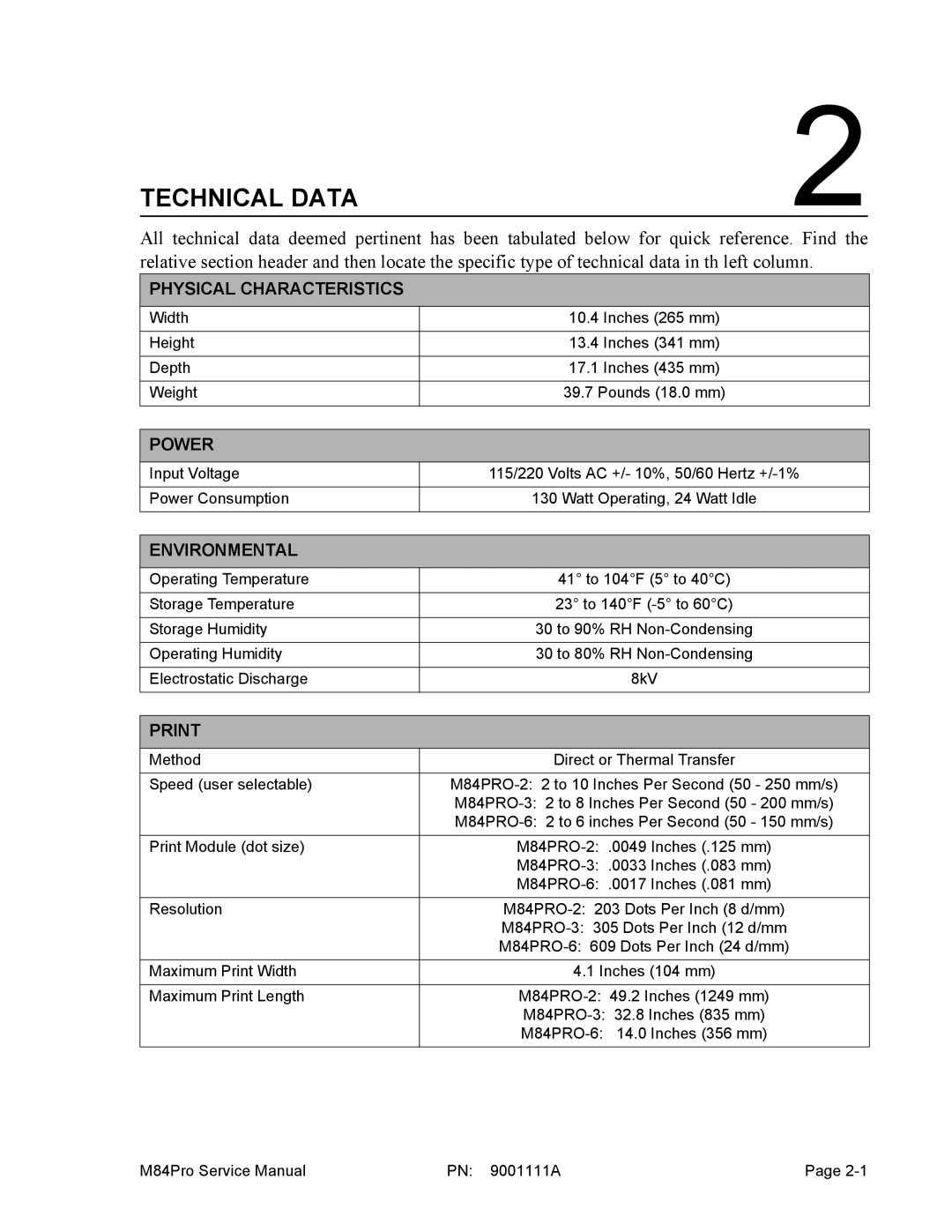 SATO M84PRO service manual Physical Characteristics, Power, Environmental, Print 