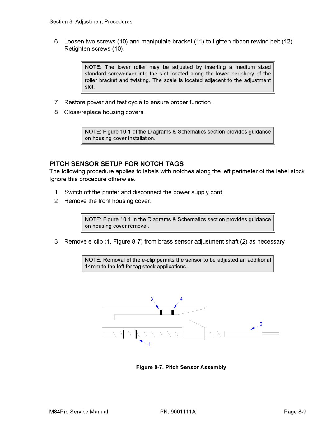 SATO M84PRO service manual Pitch Sensor Setup for Notch Tags, Pitch Sensor Assembly 