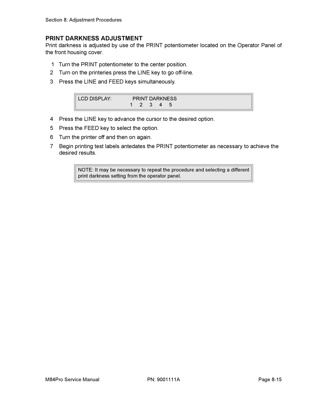 SATO M84PRO service manual Print Darkness Adjustment 