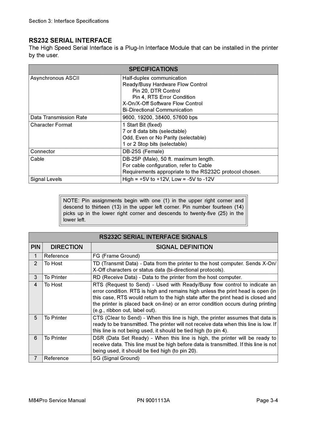 SATO M84PRO service manual RS232 Serial Interface, RS232C Serial Interface Signals, Direction Signal Definition 