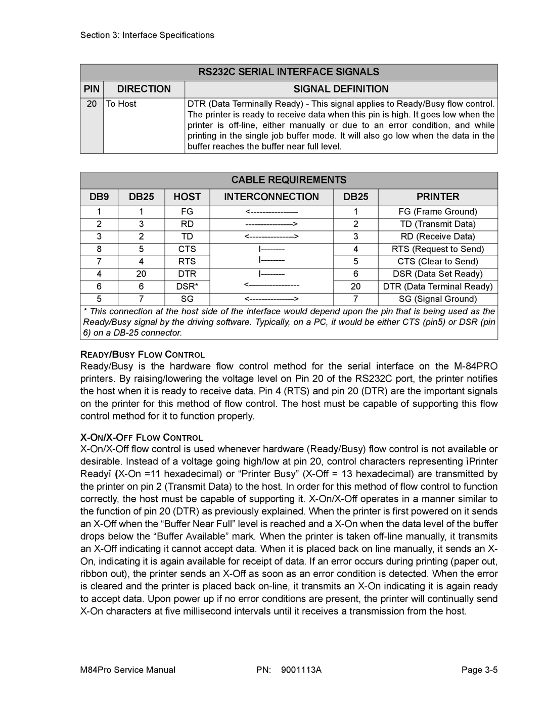 SATO M84PRO service manual Cable Requirements DB9, Host Interconnection, Printer 