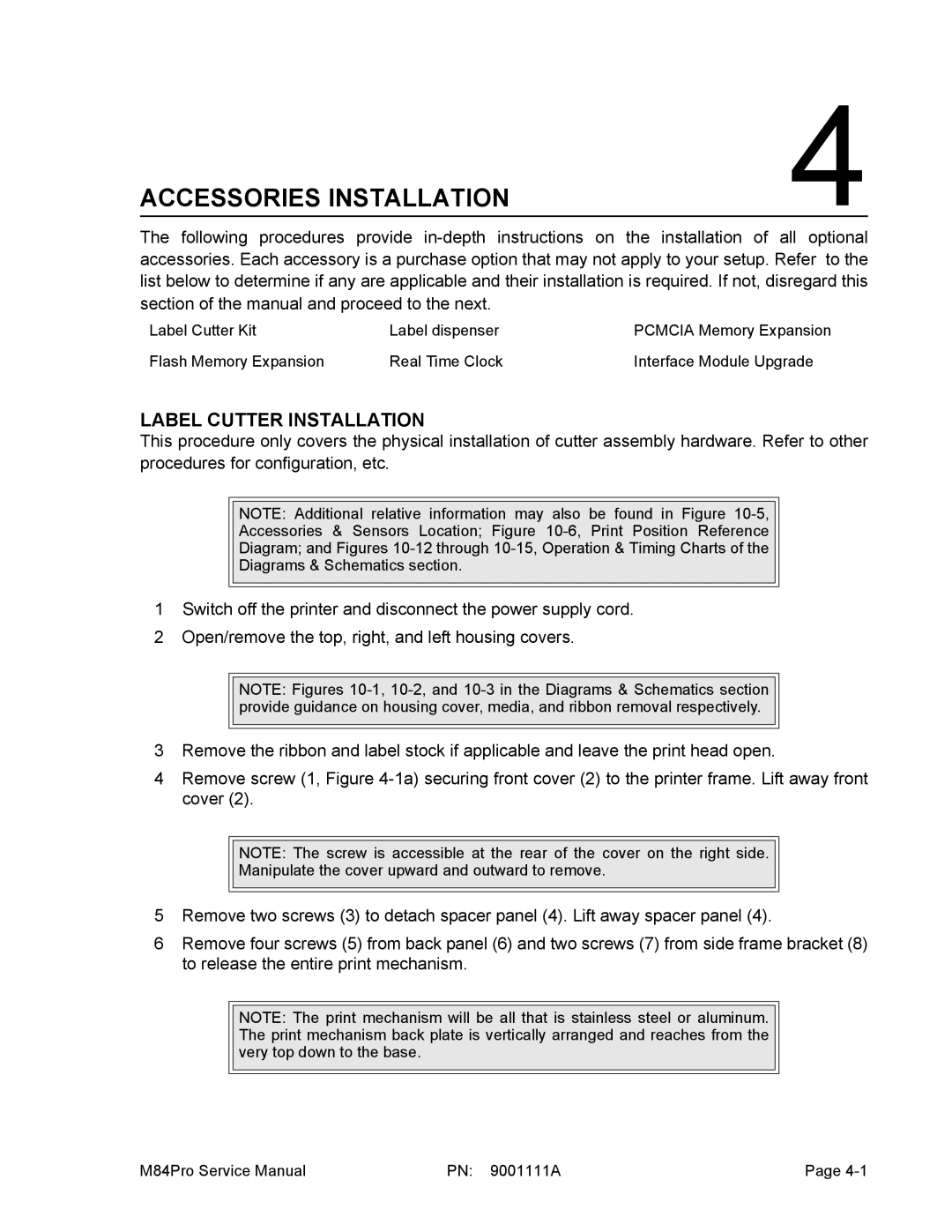 SATO M84PRO service manual Accessories Installation, Label Cutter Installation 