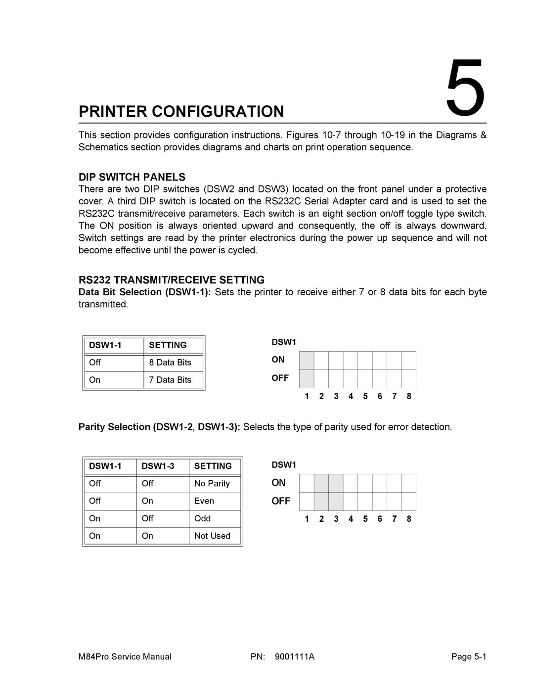 SATO M84PRO service manual DIP Switch Panels, RS232 TRANSMIT/RECEIVE Setting, Off 