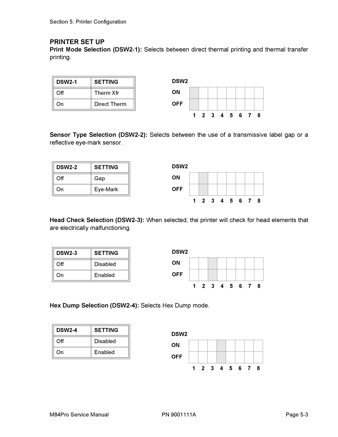 SATO M84PRO service manual Printer SET UP, DSW2 OFF 