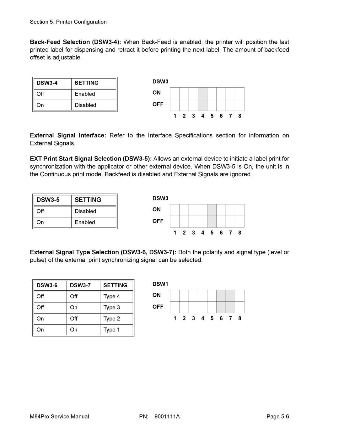 SATO M84PRO service manual Setting, DSW1 