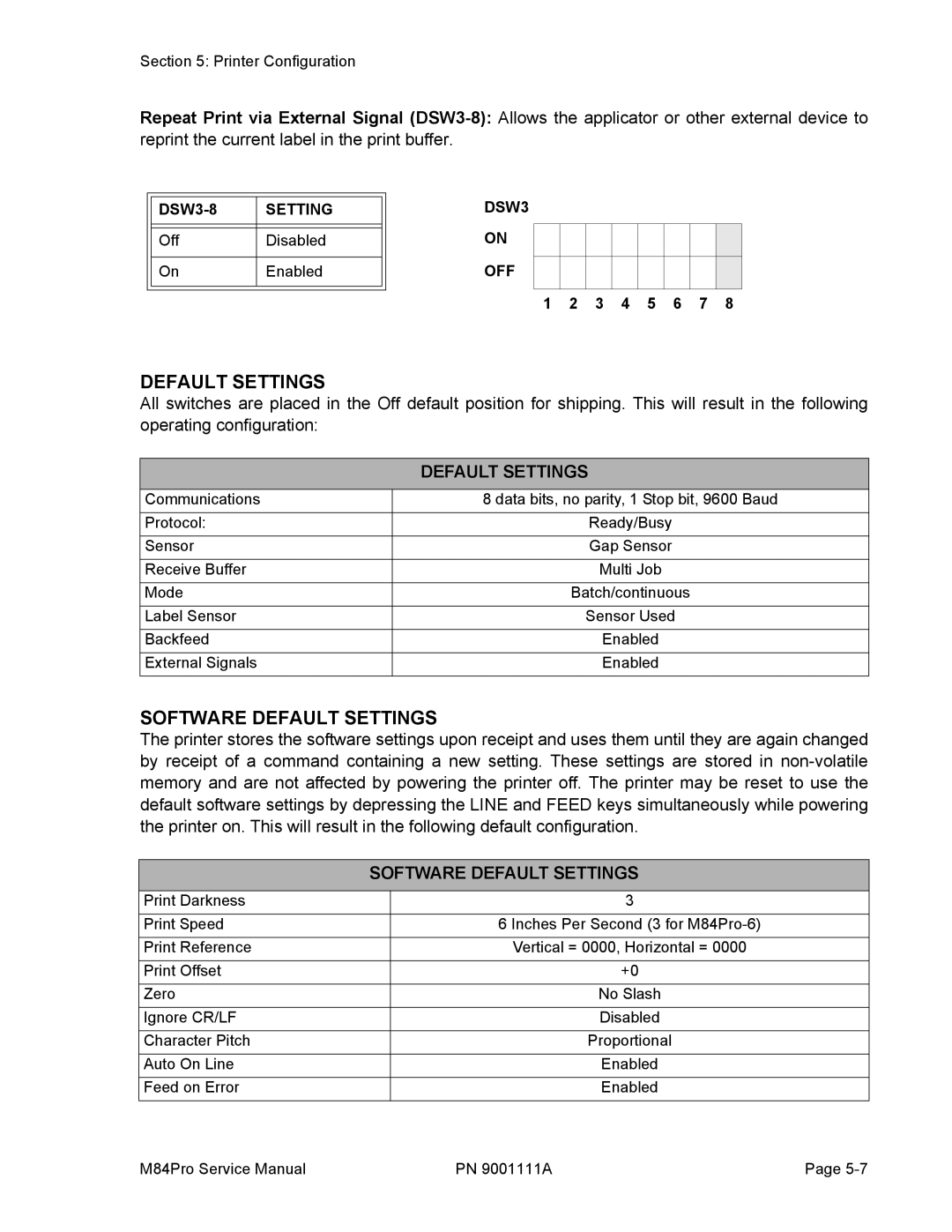 SATO M84PRO service manual Software Default Settings 