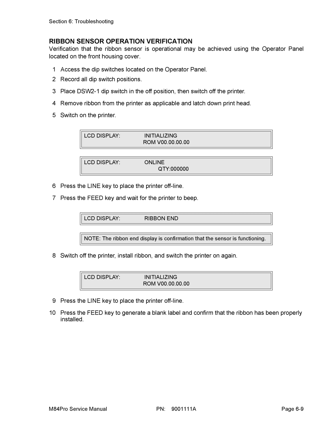 SATO M84PRO service manual Ribbon Sensor Operation Verification 