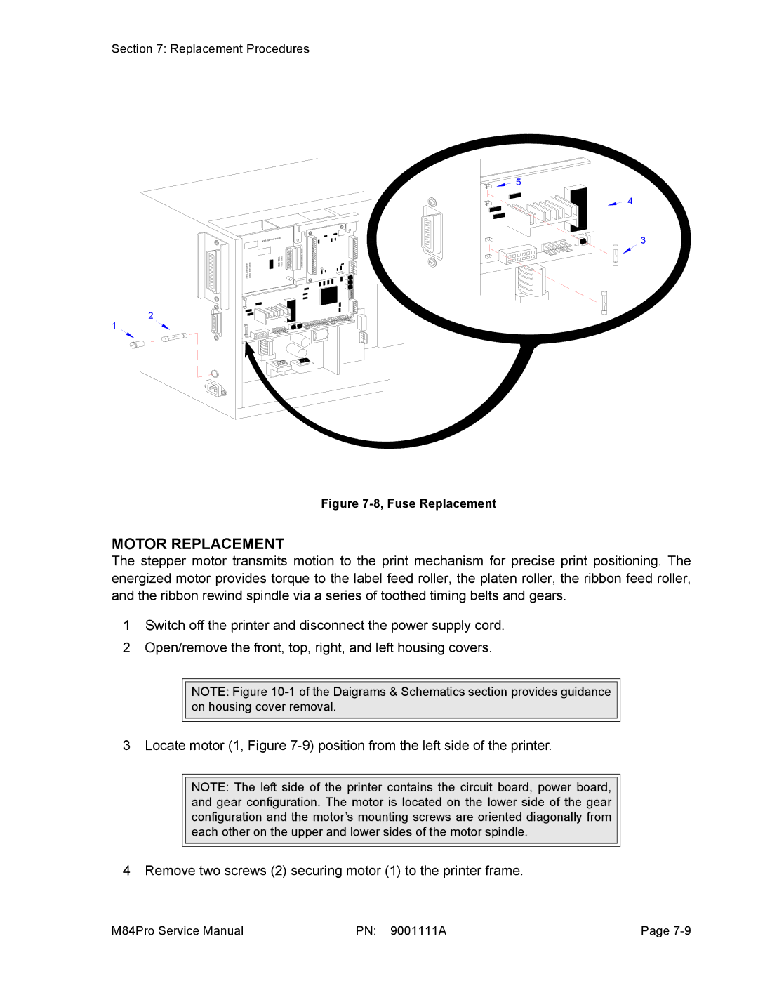 SATO M84PRO service manual Motor Replacement, Fuse Replacement 