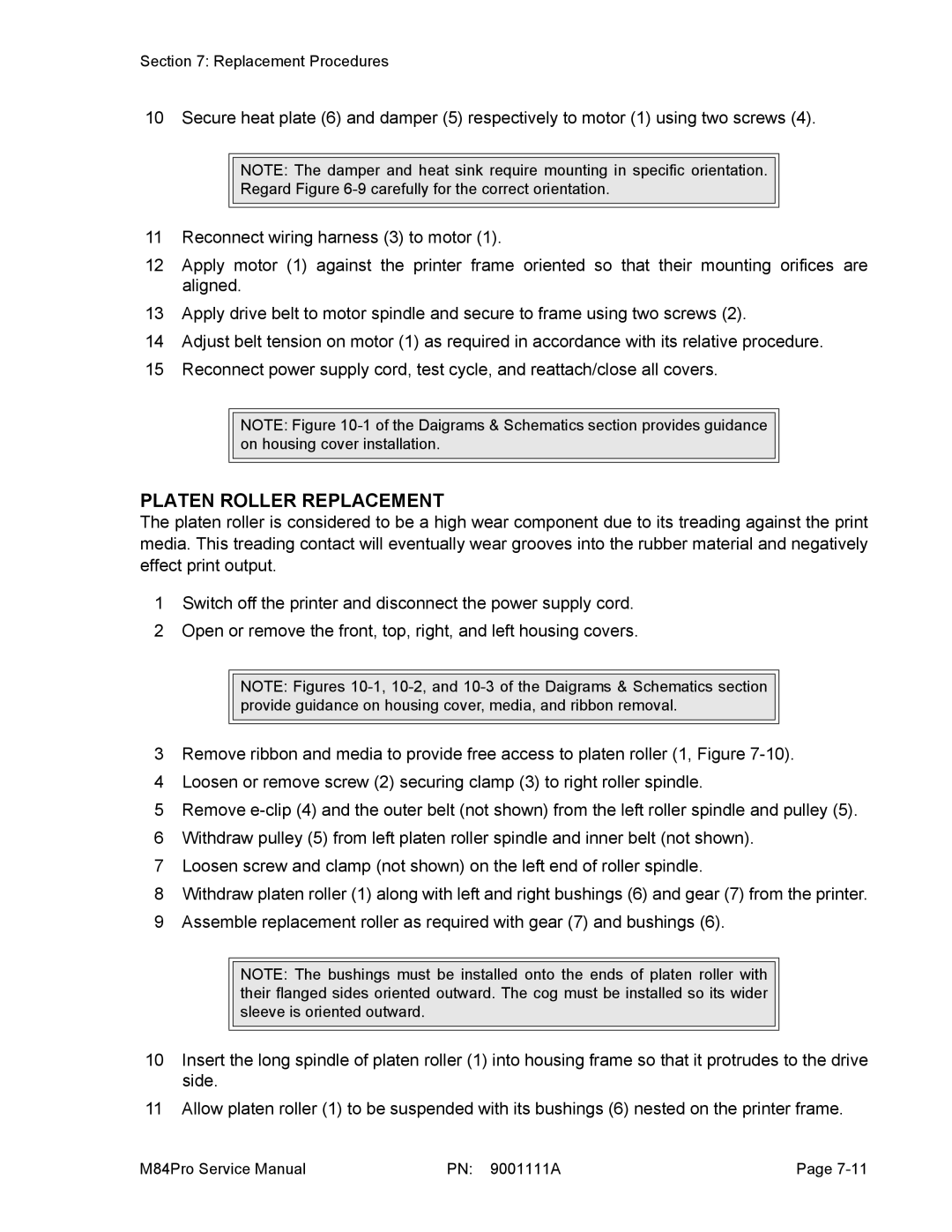 SATO M84PRO service manual Platen Roller Replacement 