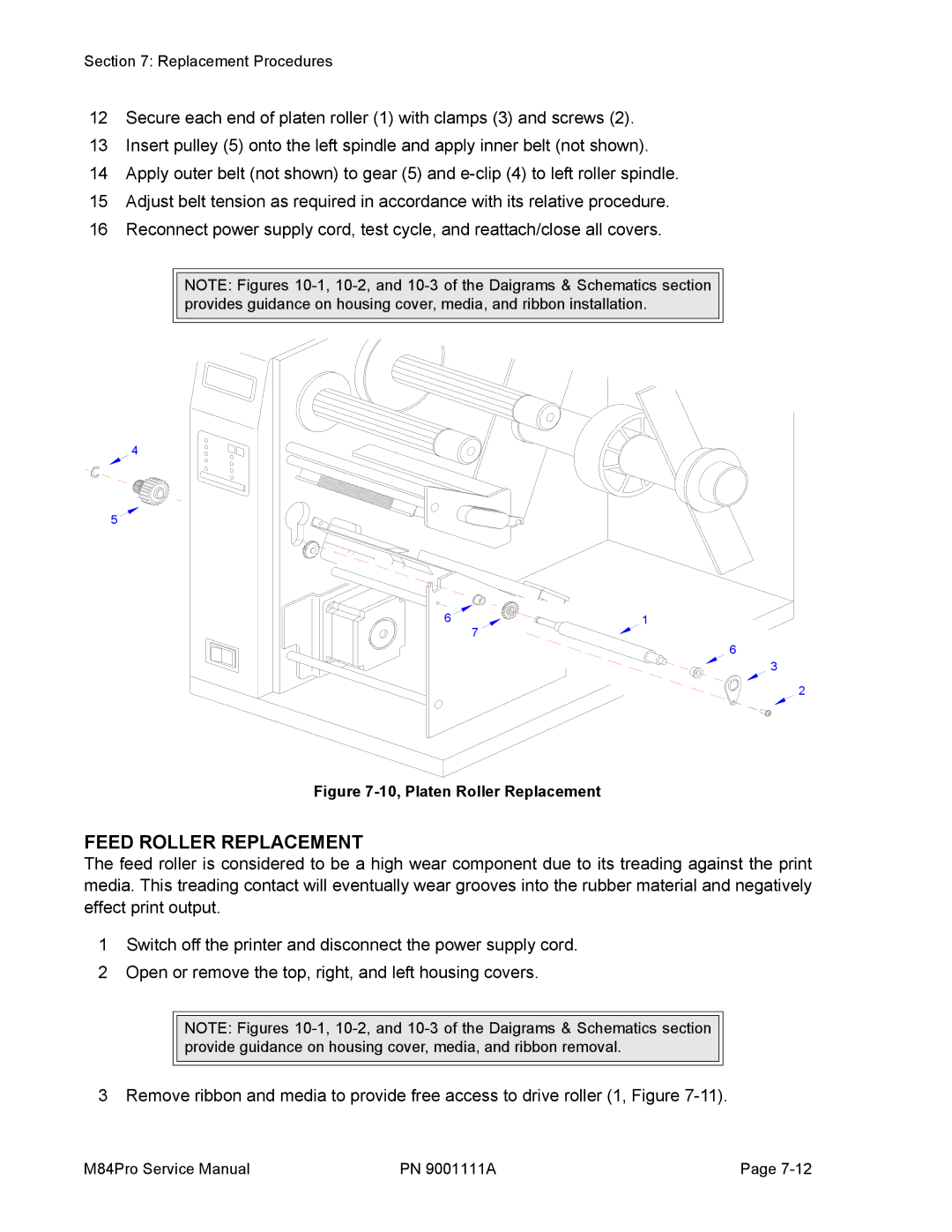 SATO M84PRO service manual Feed Roller Replacement, 10, Platen Roller Replacement 