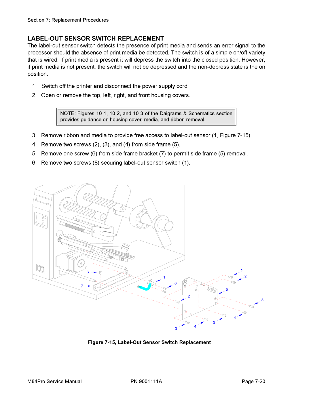 SATO M84PRO service manual LABEL-OUT Sensor Switch Replacement, 15, Label-Out Sensor Switch Replacement 