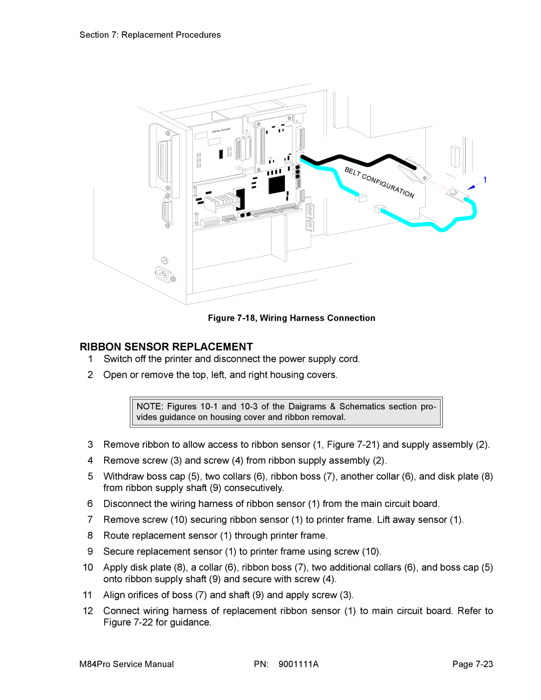 SATO M84PRO service manual Ribbon Sensor Replacement, 18, Wiring Harness Connection 