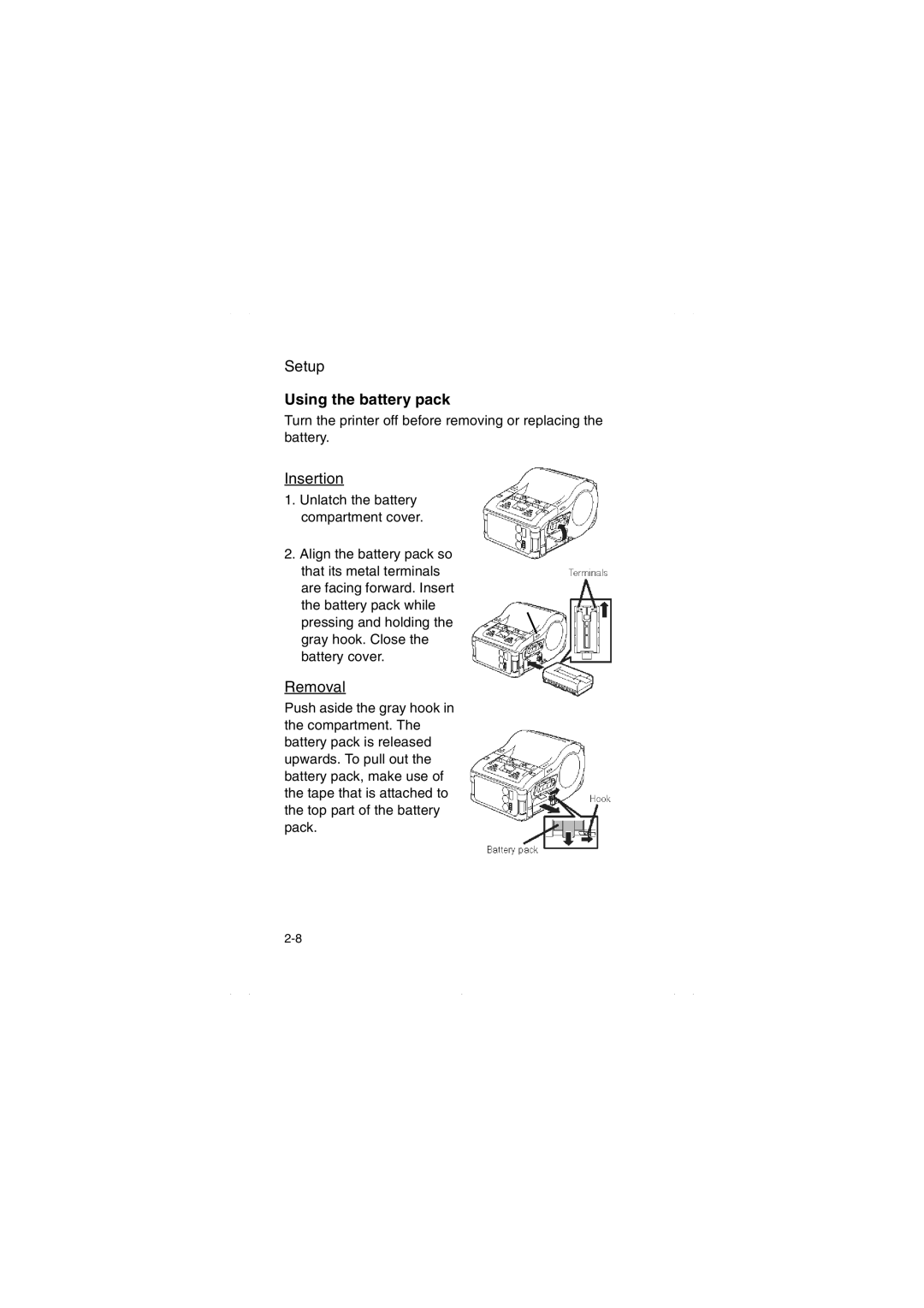 SATO MB200/201i manual Using the battery pack, Insertion, Removal 