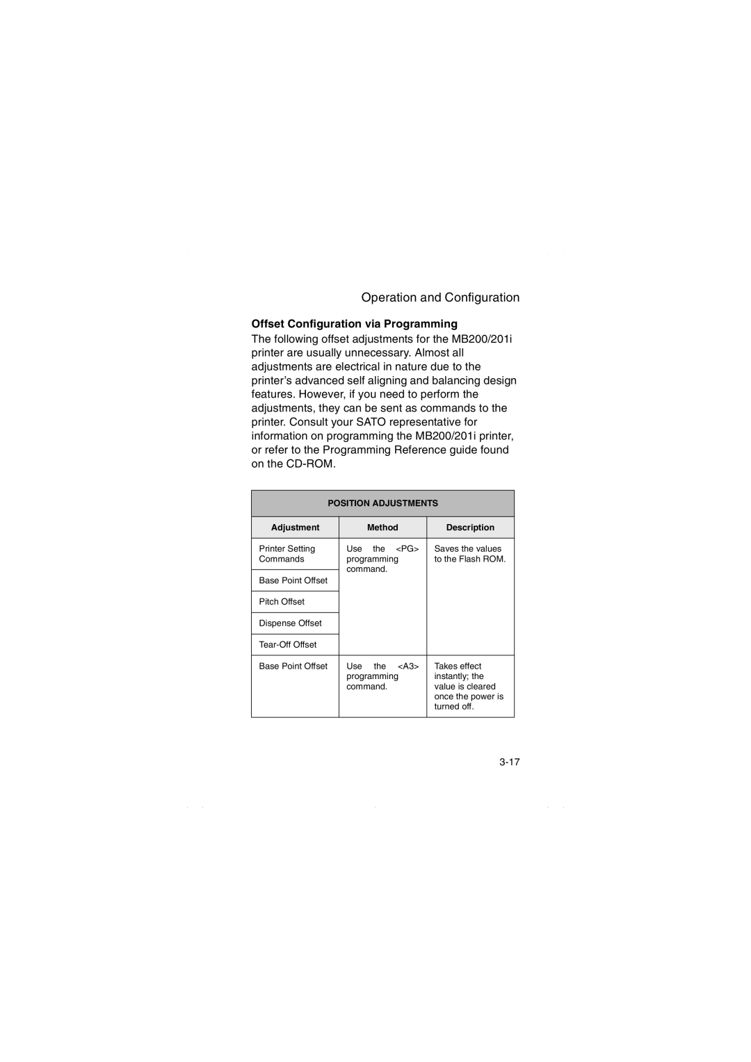 SATO MB200/201i manual Offset Configuration via Programming, Position Adjustments 