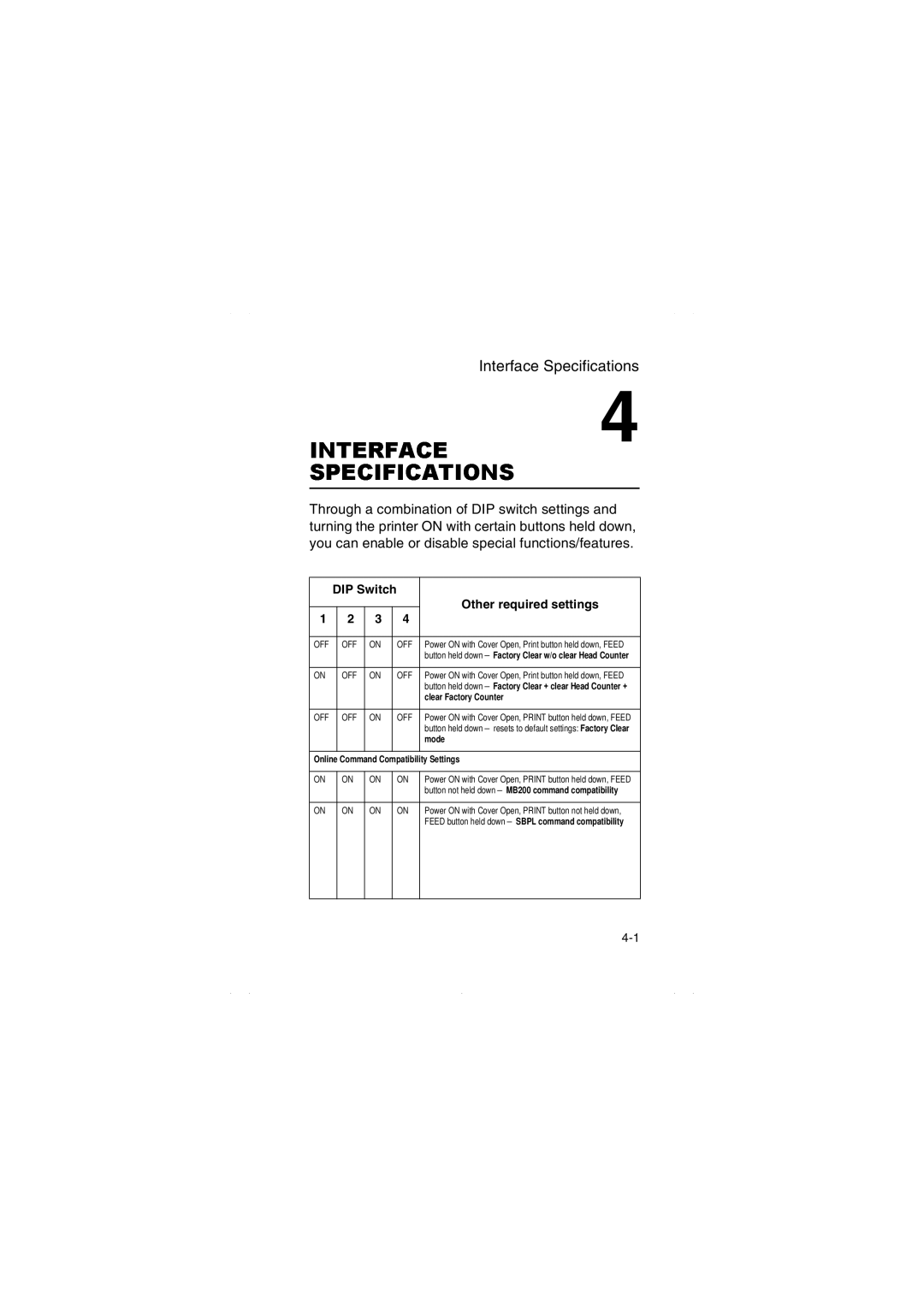 SATO MB200/201i manual Interface Specifications, Other required settings 