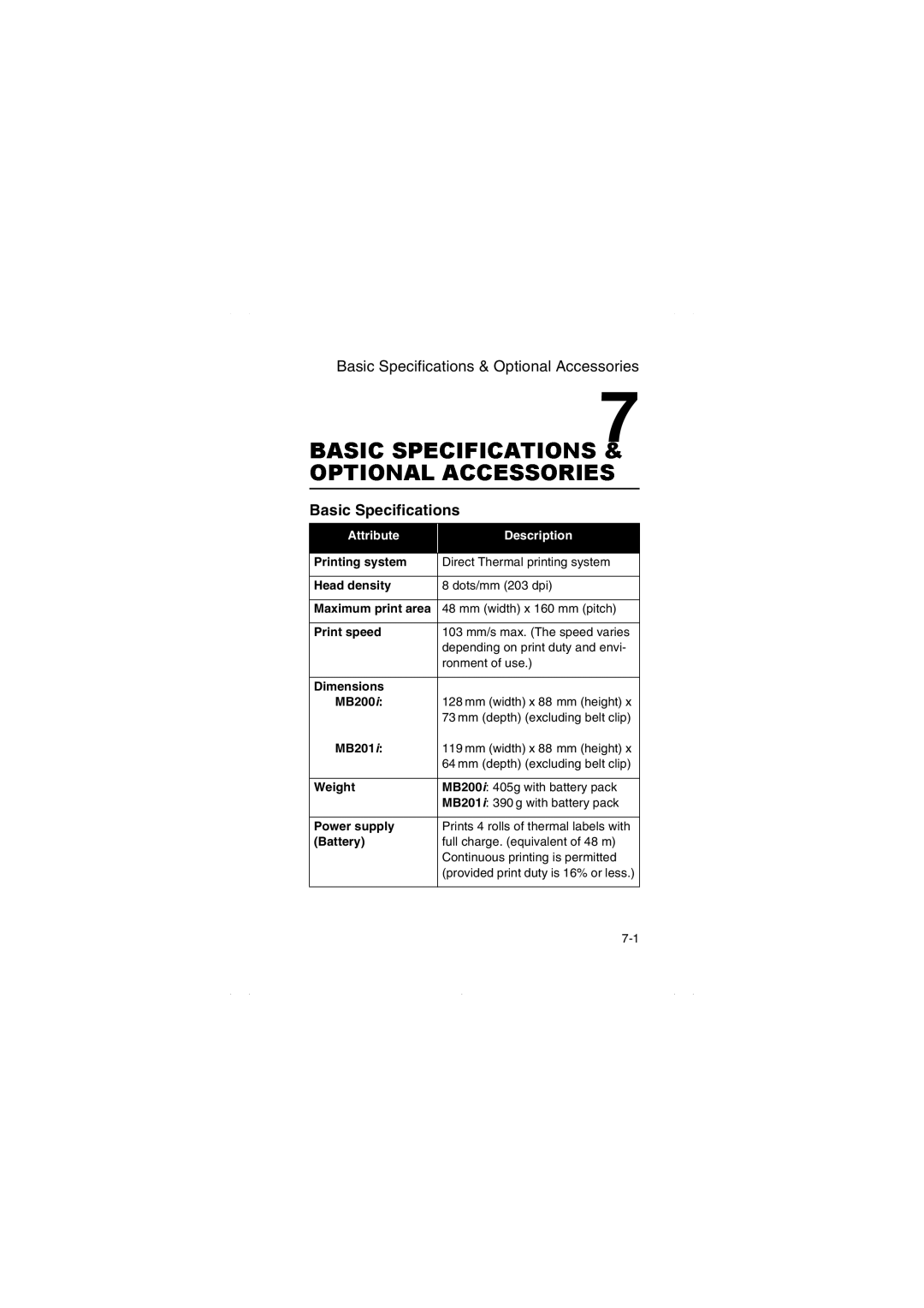 SATO MB200/201i manual BasicOPTBASCSpecificationsIONALSPECIFICATINSACCESSORIES, Basic Specifications & Optional Accessories 