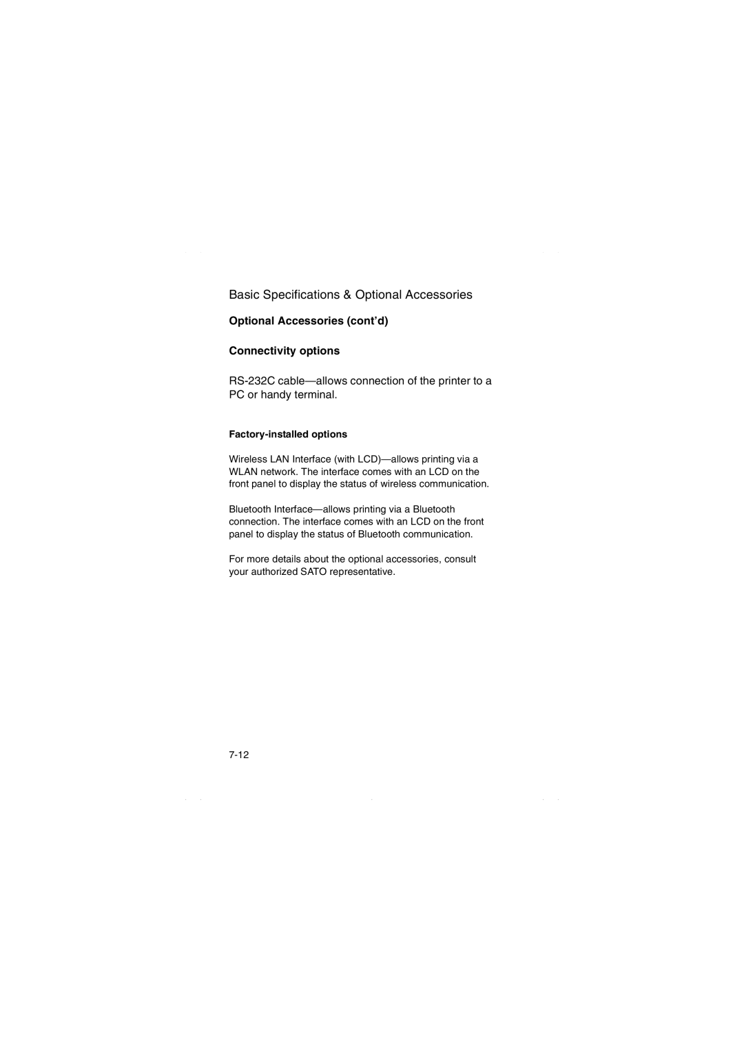 SATO MB200/201i manual Optional Accessories cont’d Connectivity options, Factory-installed options 