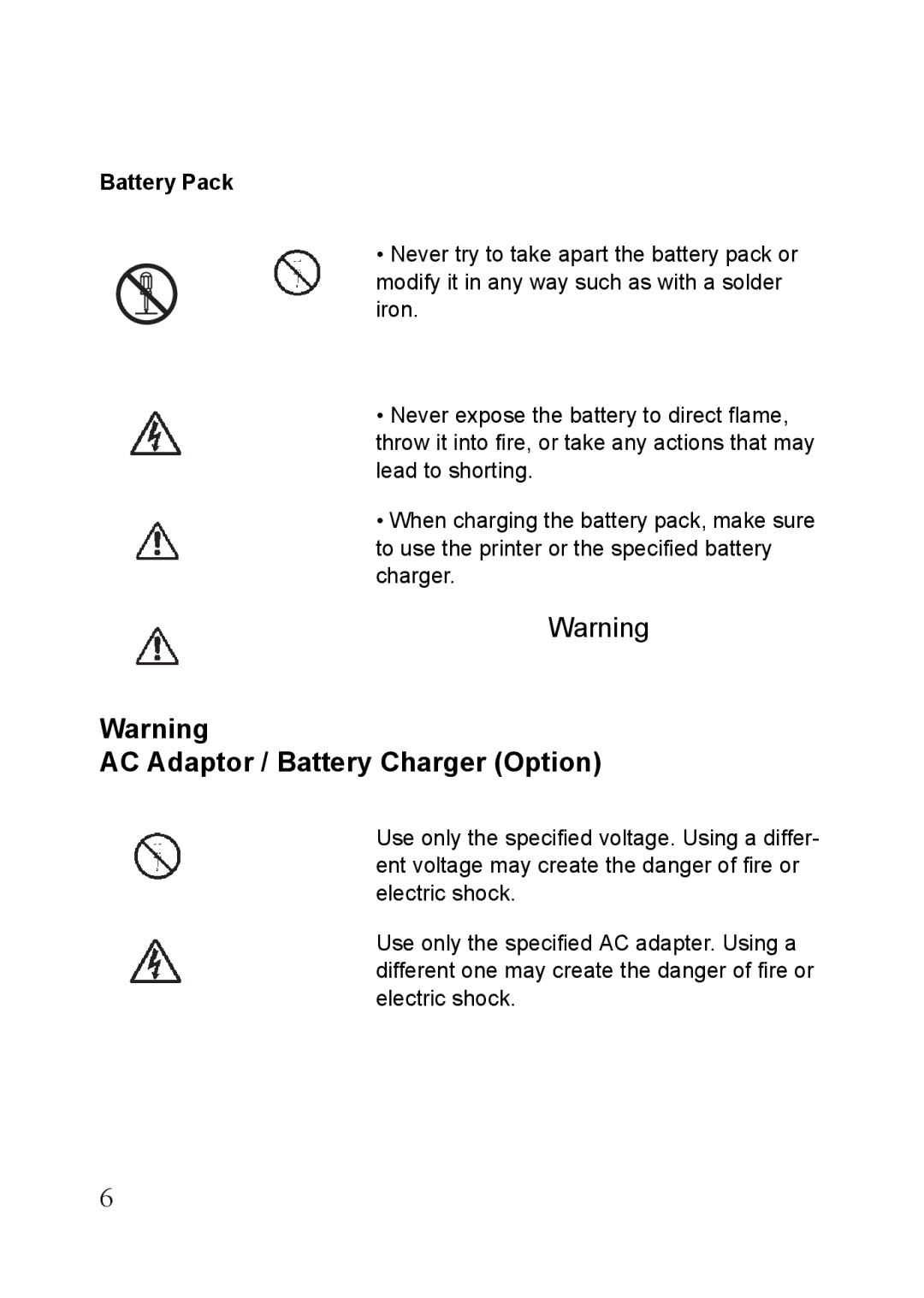 SATO MB410i, MB400i manual AC Adaptor / Battery Charger Option, Battery Pack 