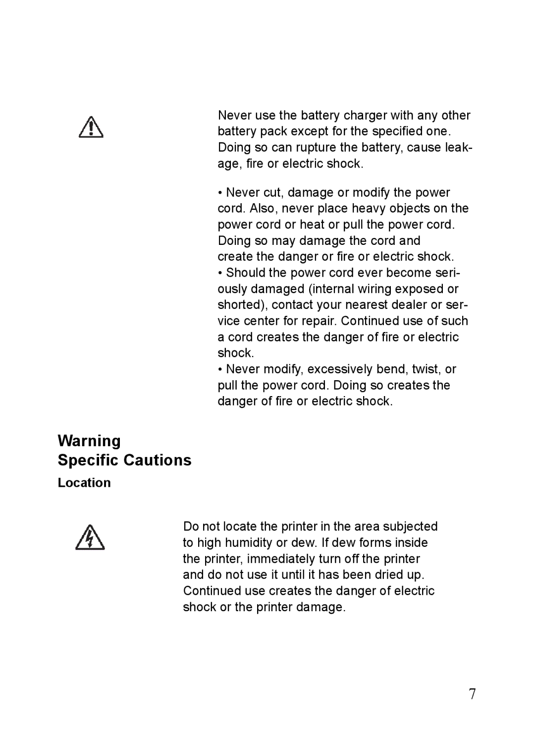 SATO MB400i, MB410i manual Specific Cautions, Location 