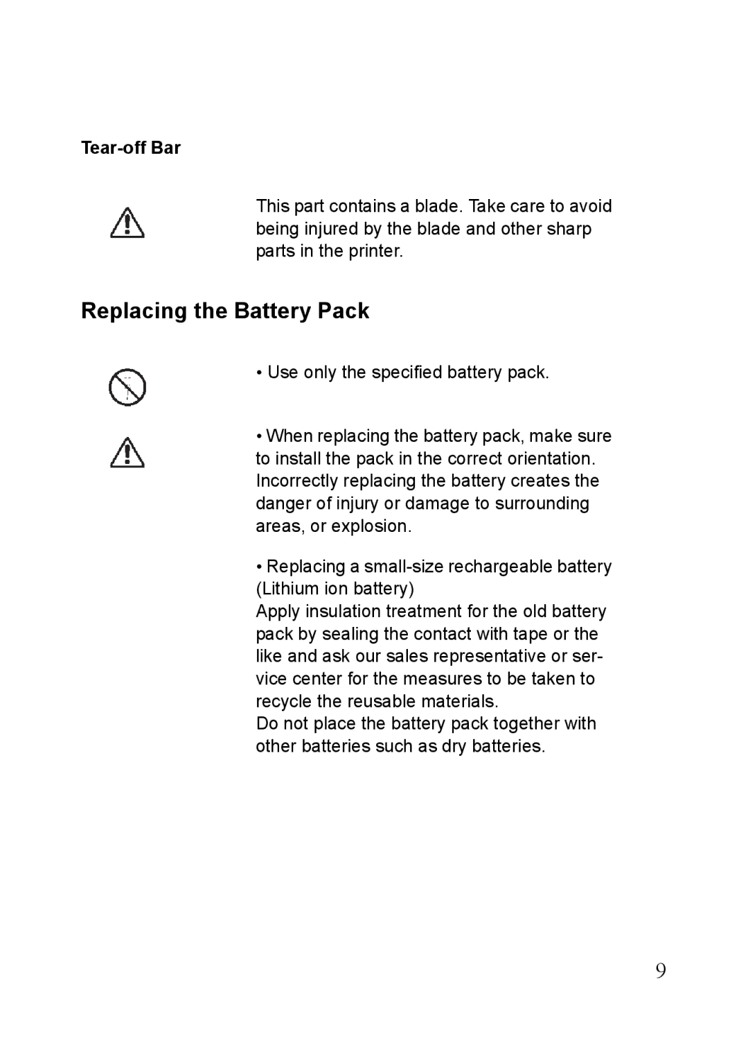 SATO MB400i, MB410i manual Replacing the Battery Pack, Tear-off Bar 