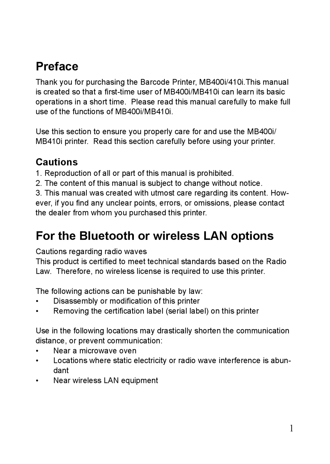 SATO MB400i, MB410i manual Preface, For the Bluetooth or wireless LAN options 