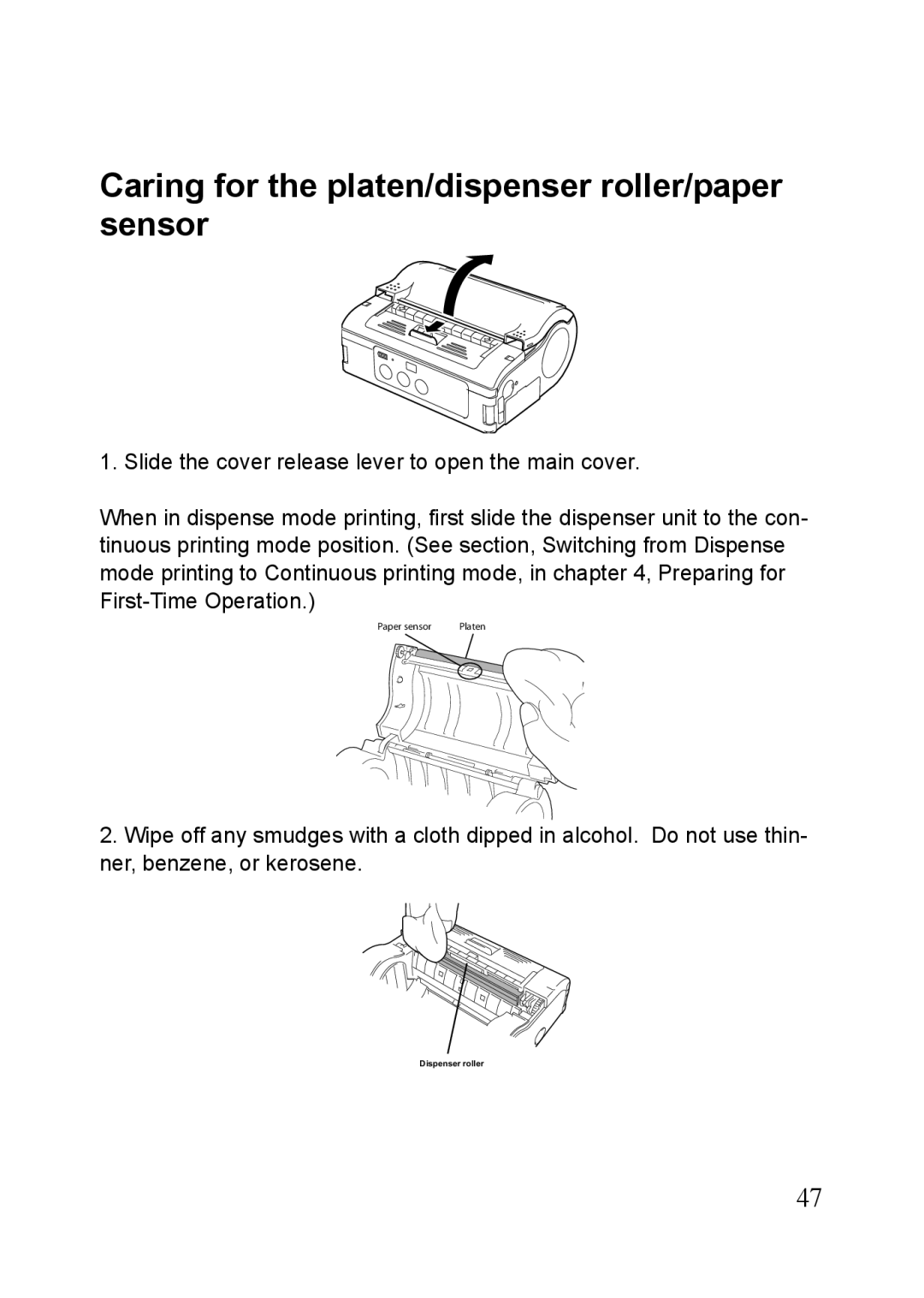 SATO MB400i, MB410i manual Caring for the platen/dispenser roller/paper sensor 