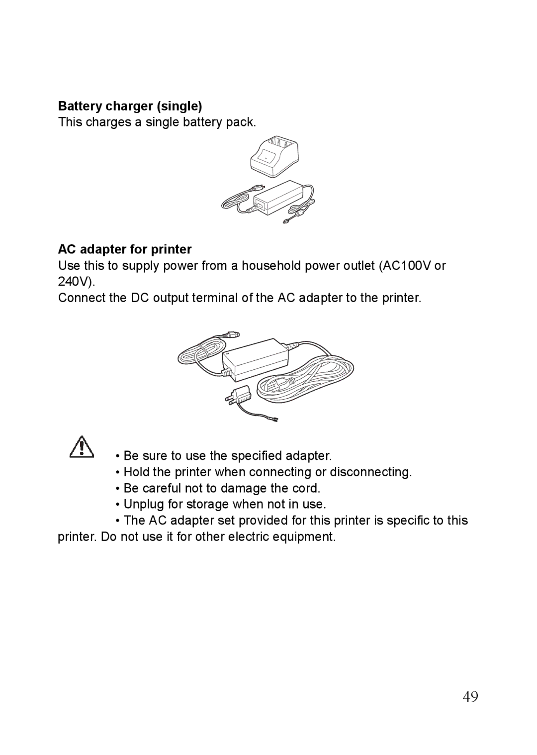 SATO MB400i, MB410i manual Battery charger single, AC adapter for printer 