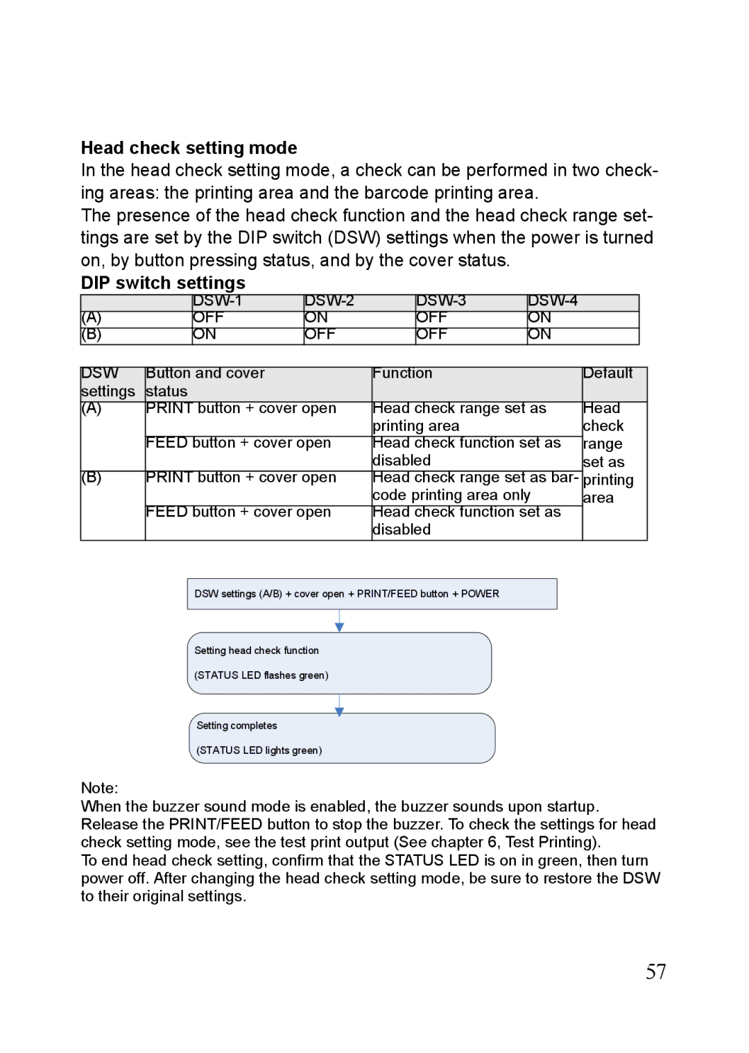 SATO MB400i, MB410i manual Head check setting mode, DIP switch settings 