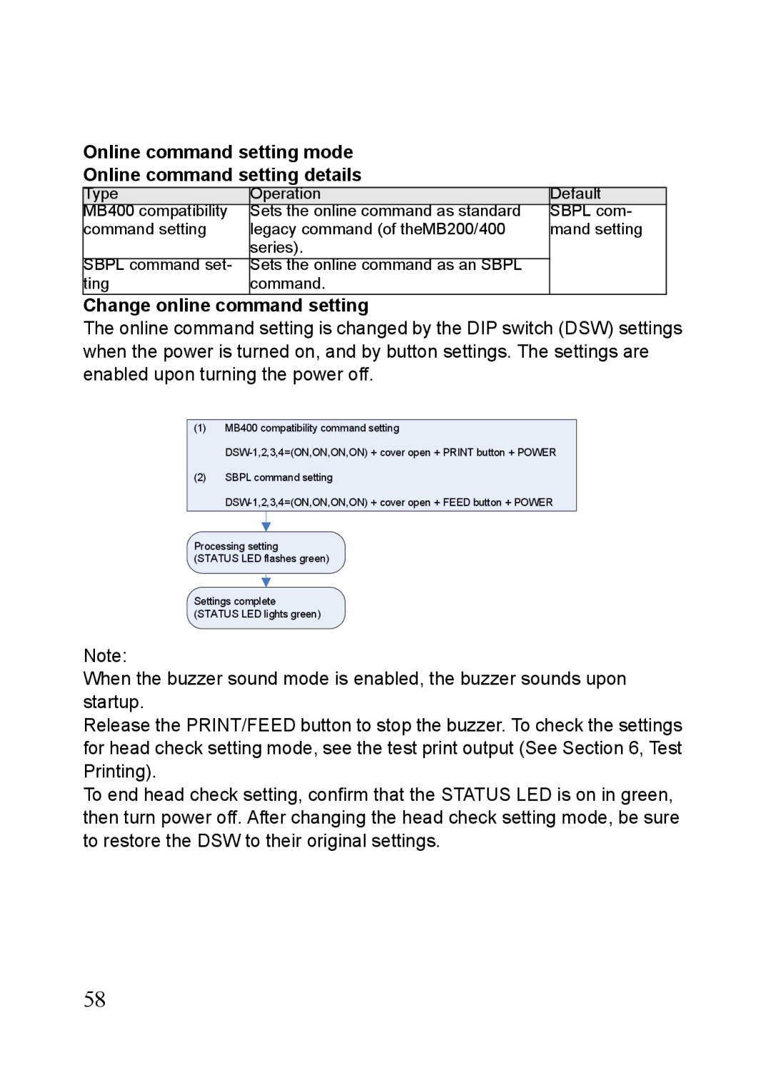 SATO MB410i, MB400i manual Online command setting mode Online command setting details, Change online command setting 