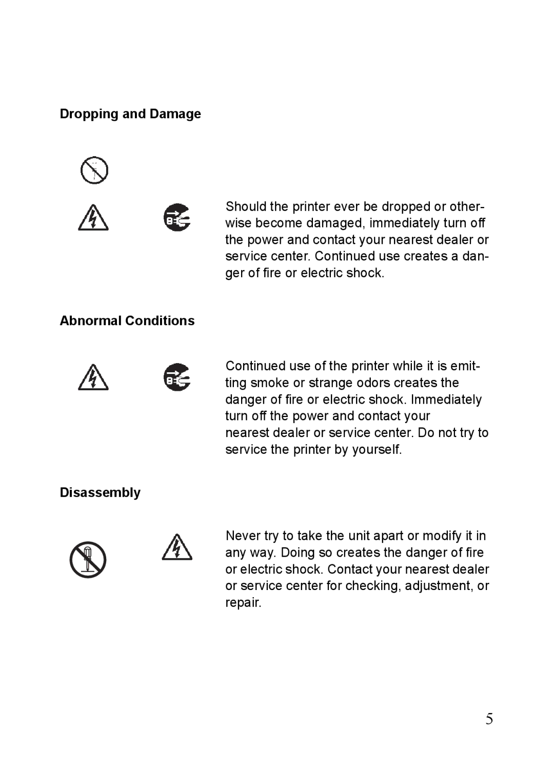 SATO MB400i, MB410i manual Dropping and Damage, Abnormal Conditions, Disassembly 