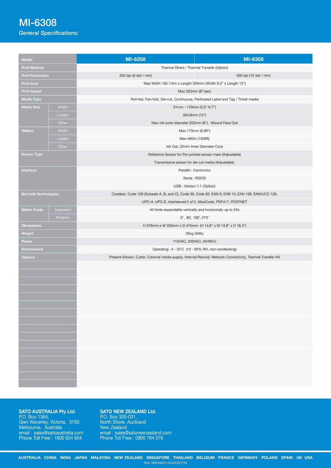 SATO manual General Specifications, MI-6208 MI-6308 