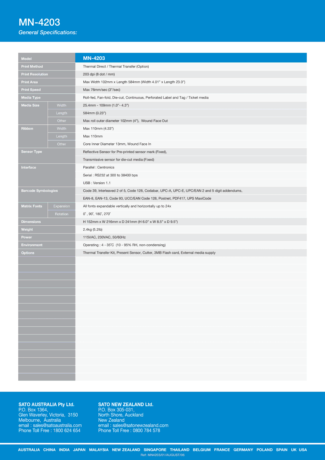 SATO MN-4203 manual General Specifications 