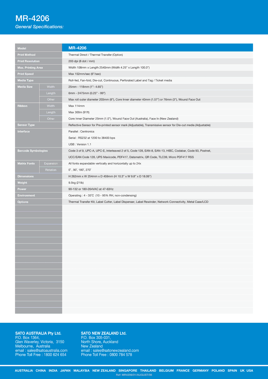 SATO MR-4206 Model, Print Method, Print Resolution, Print Speed, Media Type, Media Size, Ribbon, Sensor Type, Interface 