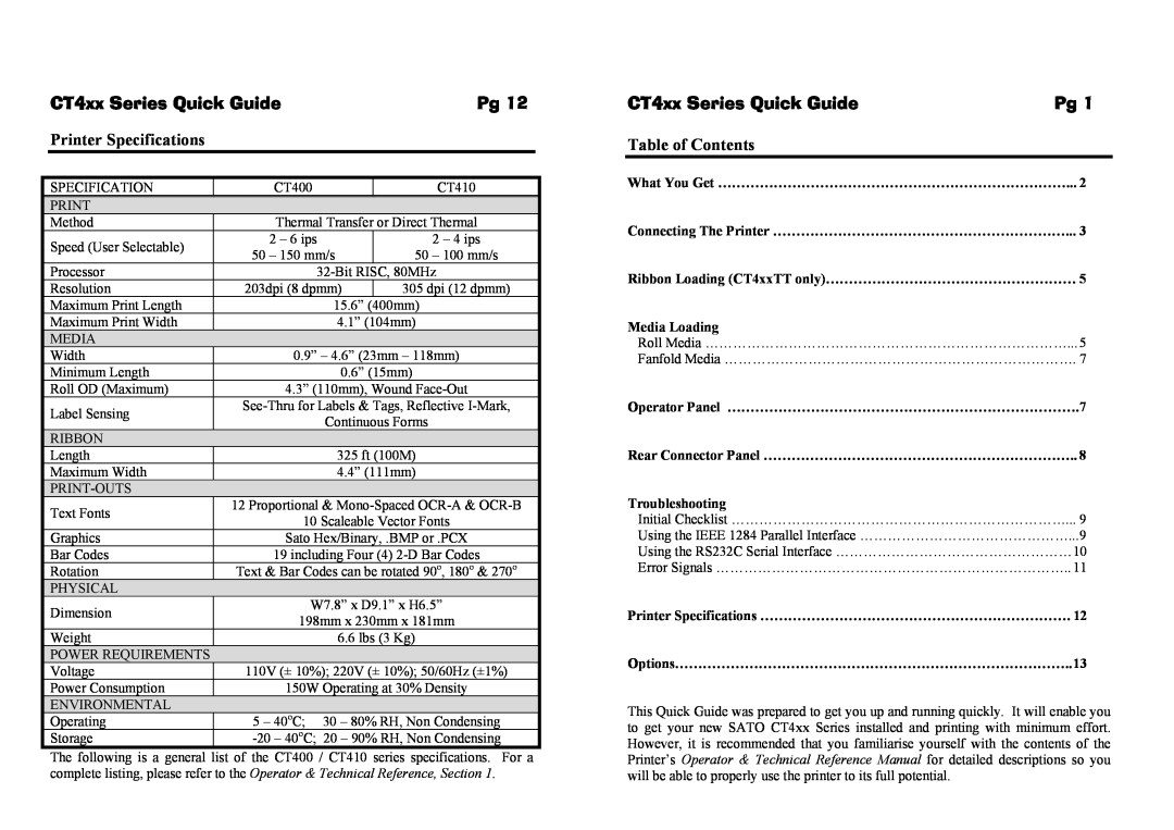 SATO PK1A20001 manual Printer Specifications, CT4xx Series Quick GuidePg, Table of Contents 