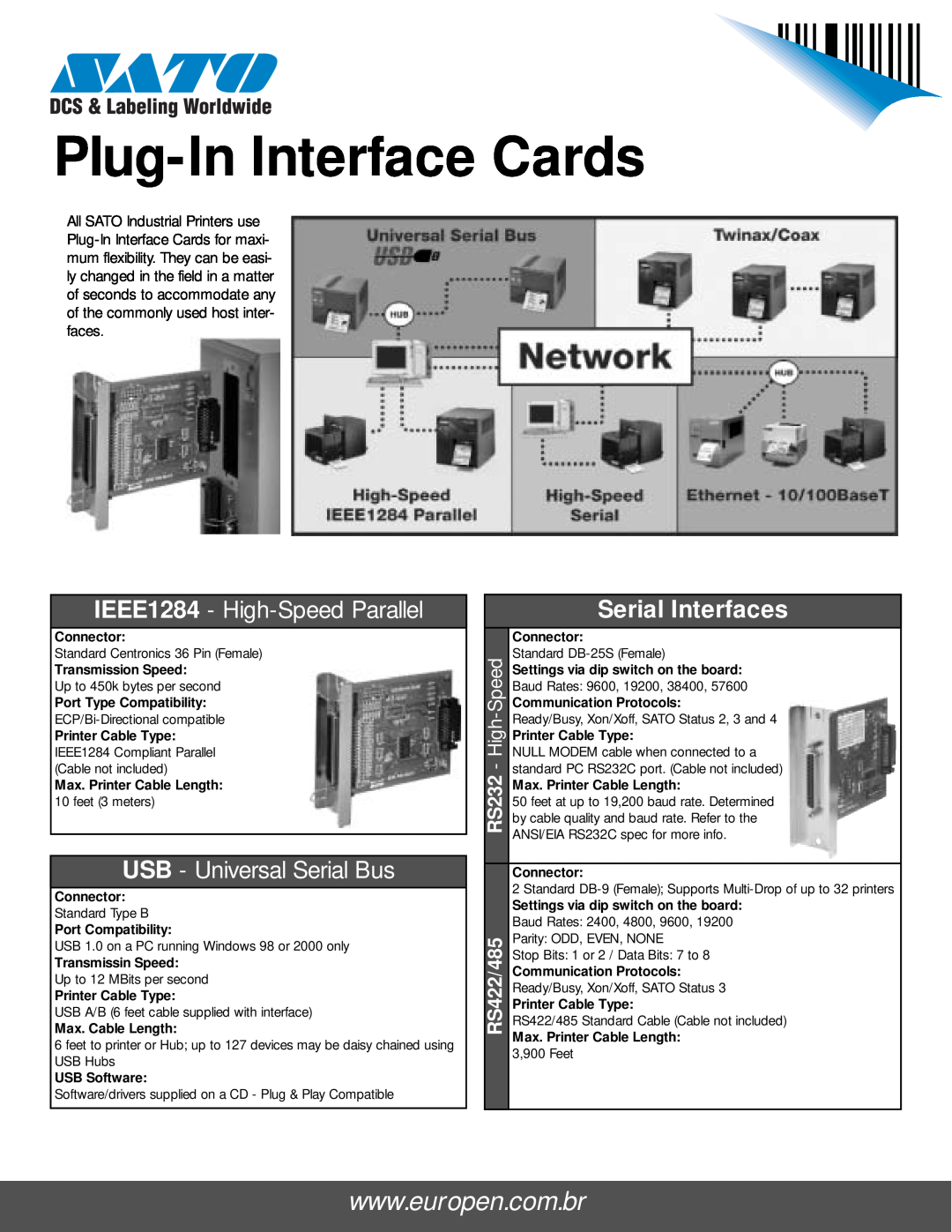 SATO RS485, RS232 manual Serial Interfaces, RS422/485, Plug-In Interface Cards, IEEE1284 - High-Speed Parallel 