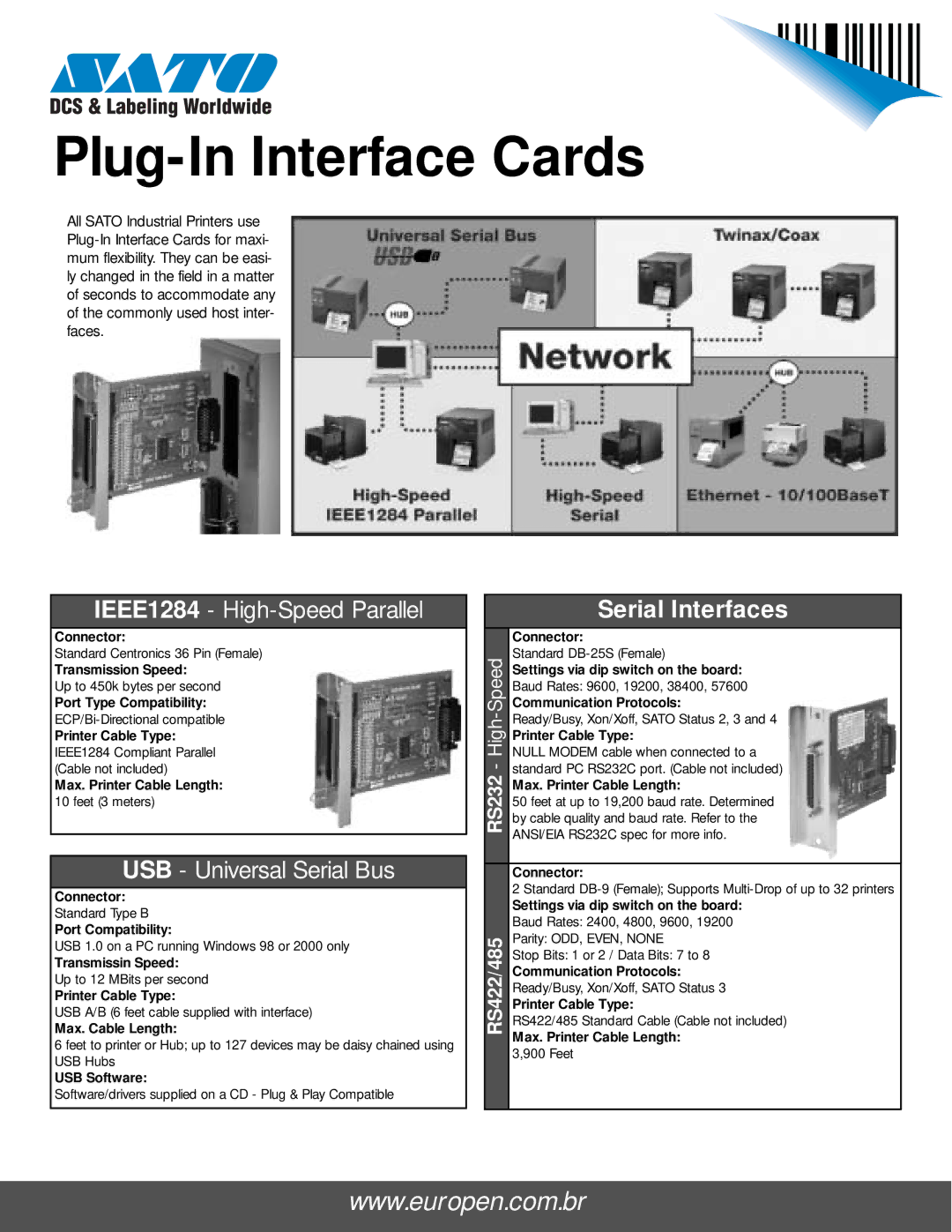 SATO RS485, RS232 manual IEEE1284 High-Speed Parallel, USB Universal Serial Bus, Serial Interfaces 