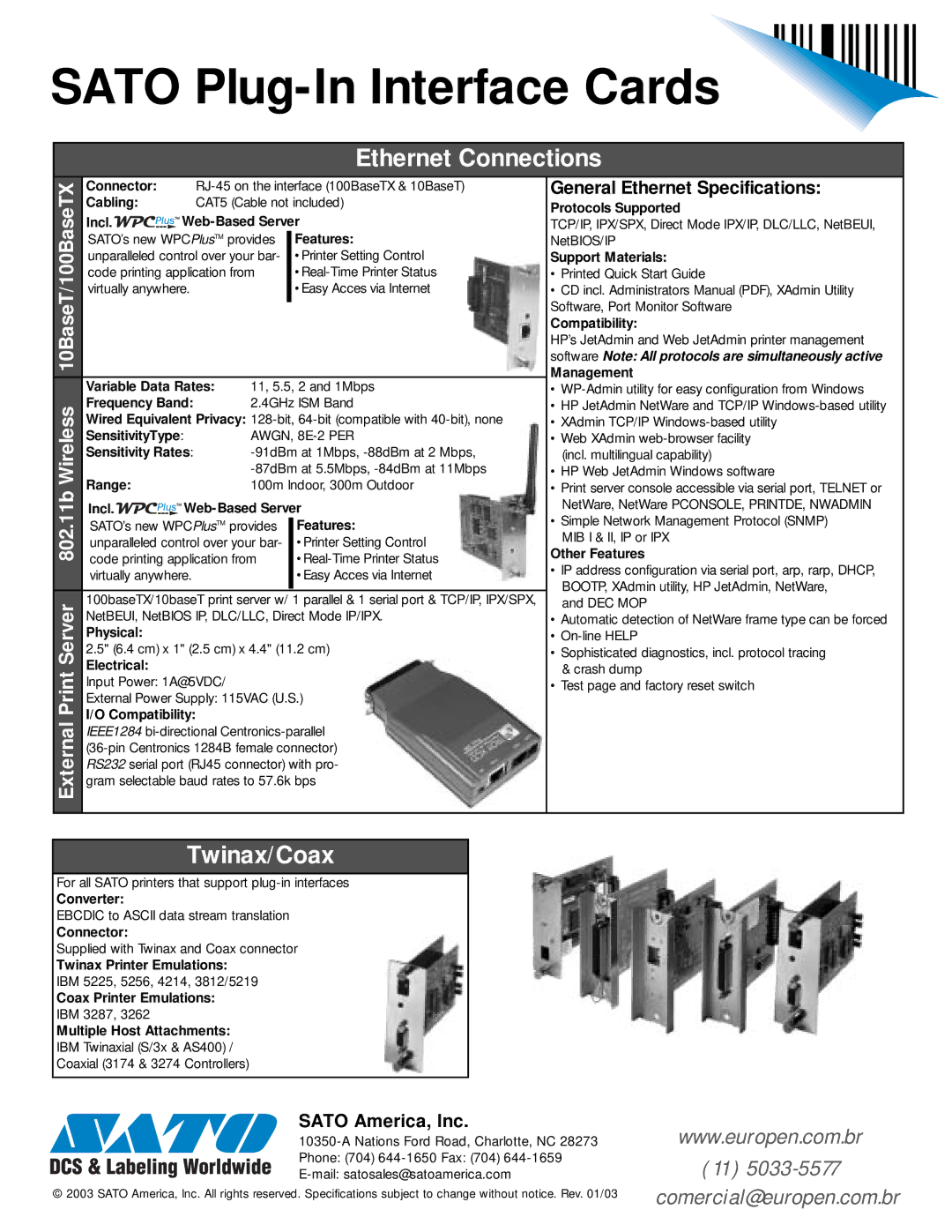 SATO RS232, RS485 manual Ethernet Connections, Twinax/Coax, General Ethernet Specifications, Sato America, Inc 