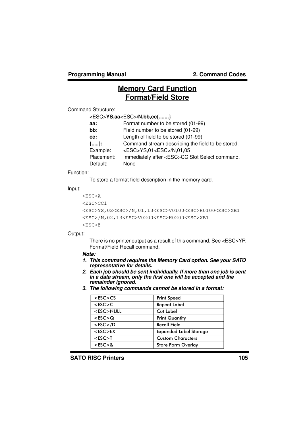 SATO M8460S, XL400/410, M8490S, M-8400RV, M8485S, M8459S manual Memory Card Function Format/Field Store, ESCYS,aaESC/N,bb,cc 