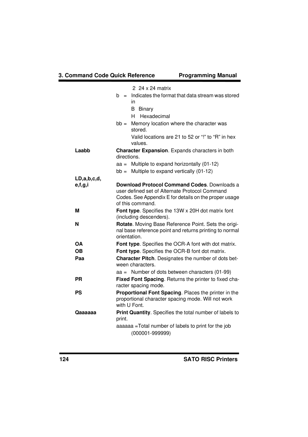 SATO M8485S, XL400/410, M8460S, M8490S manual Laabb, LD,a,b,c,d G,i Download Protocol Command Codes. Downloads a, Paa, Qaaaaaa 