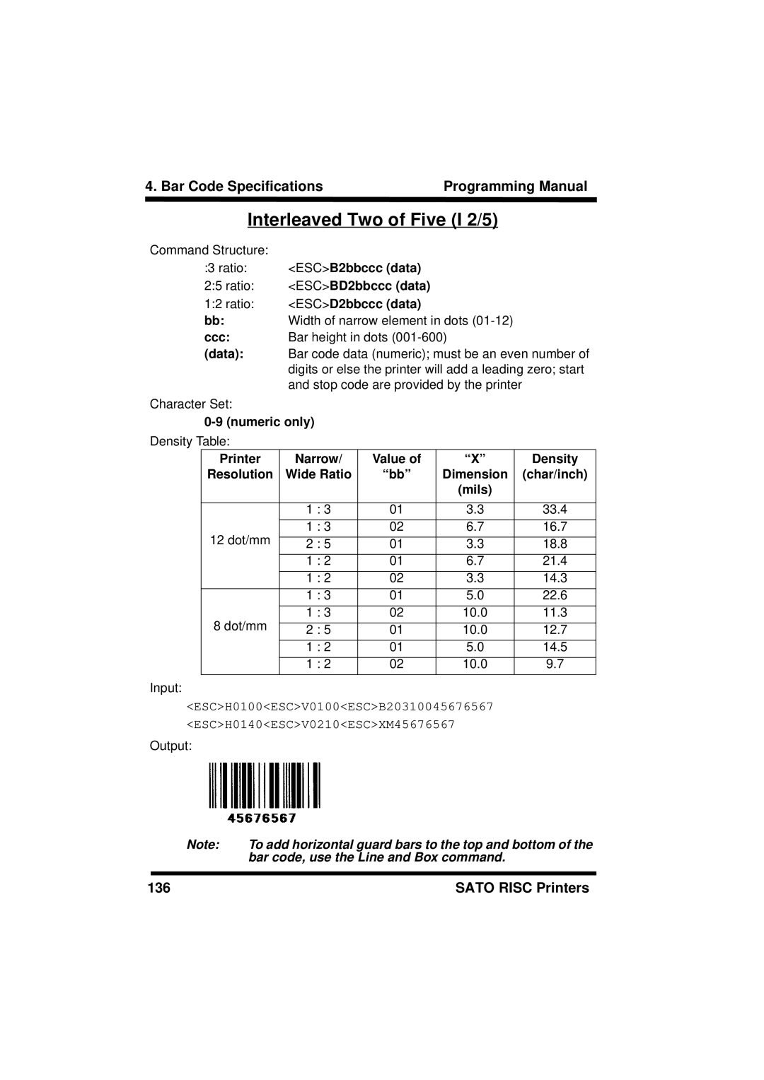 SATO XL400/410, M8460S Interleaved Two of Five I 2/5, ESCB2bbccc data, ESCBD2bbccc data, ESCD2bbccc data, Numeric only 