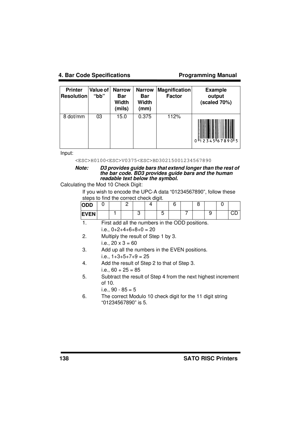 SATO M8490S, XL400/410, M8460S, M-8400RV, M8485S, M8459S, CL408/412 manual Bar Code Specifications Programming Manual, Printer 