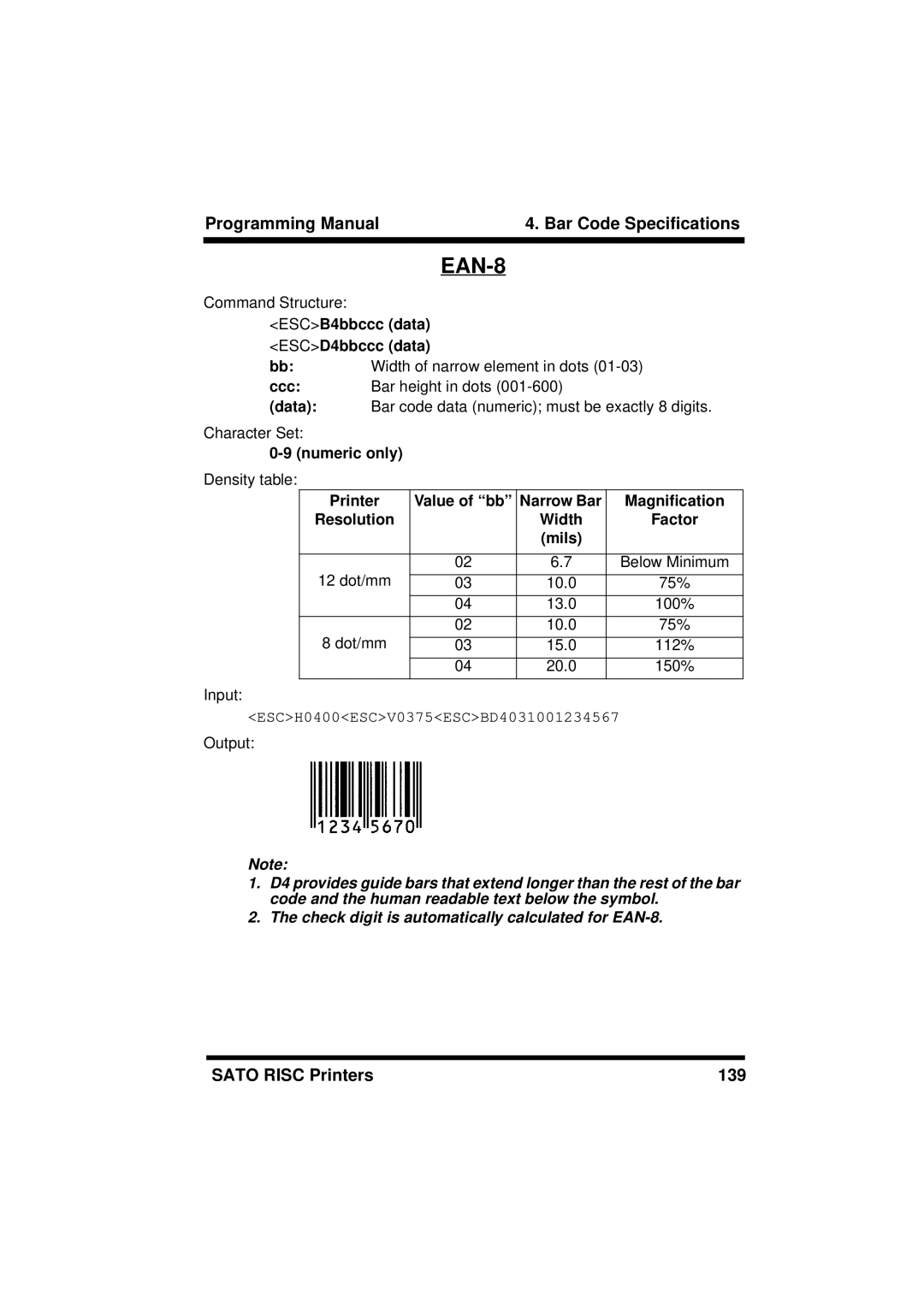 SATO M-8400RV, XL400/410, M8460S, M8490S, M8485S, M8459S, CL408/412, CL608/612 manual EAN-8, ESCB4bbccc data ESCD4bbccc data 