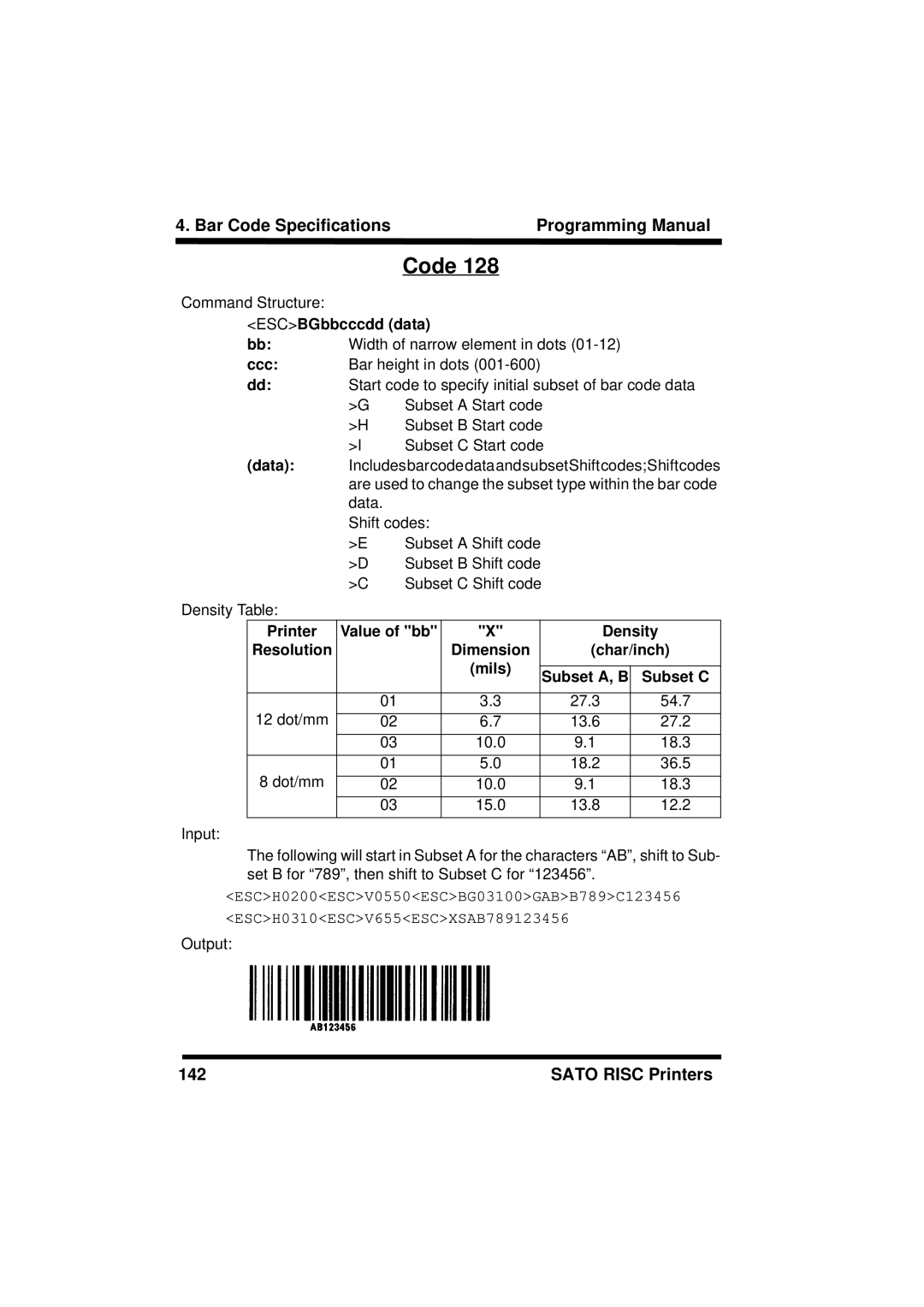 SATO CL408/412, XL400/410, M8460S, M8490S, M-8400RV, M8485S, M8459S, CL608/612 manual Code, ESCBGbbcccdd data 