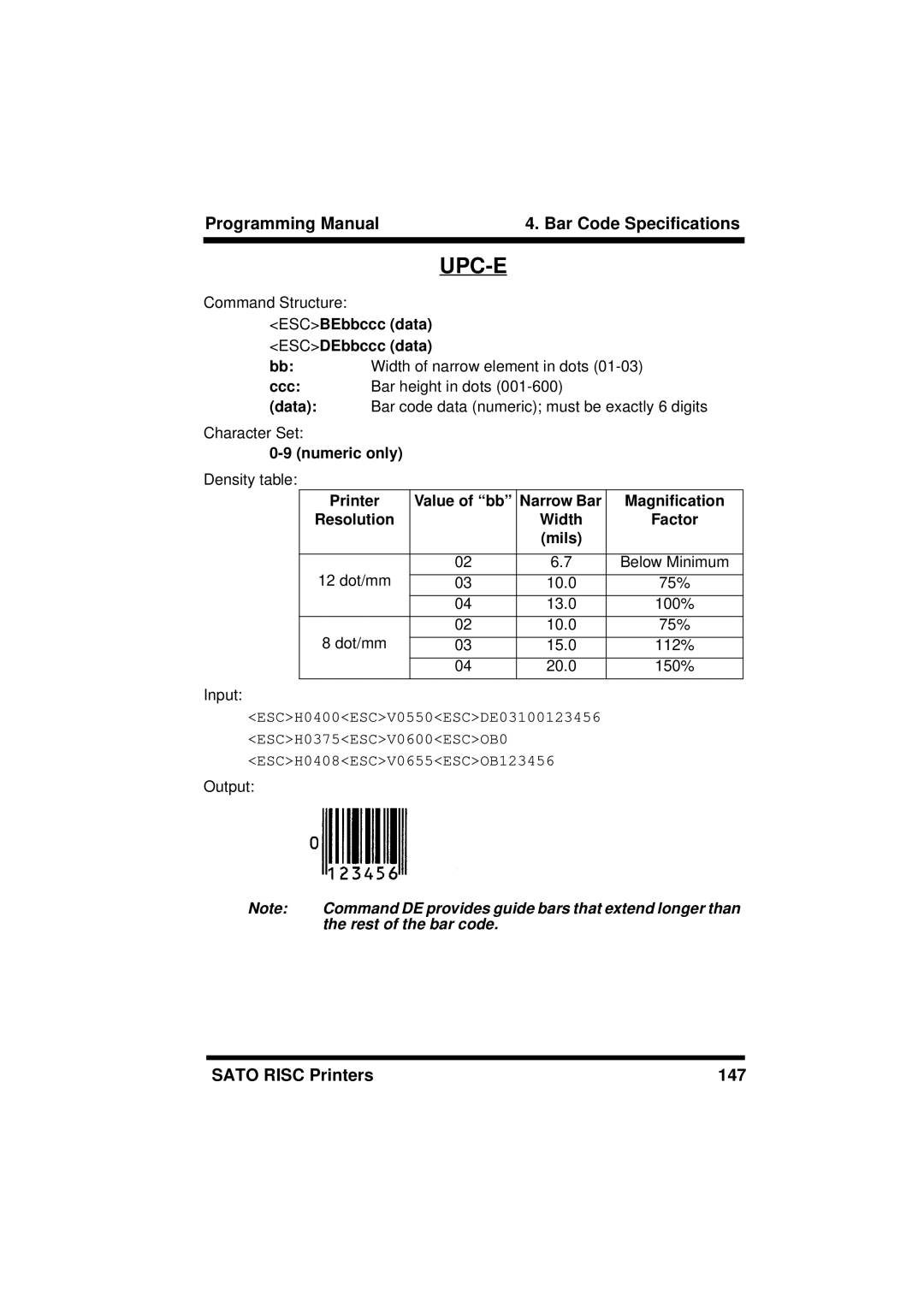 SATO M-8400RV, XL400/410, M8460S, M8490S, M8485S, M8459S, CL408/412, CL608/612 manual Upc-E, ESCBEbbccc data ESCDEbbccc data 