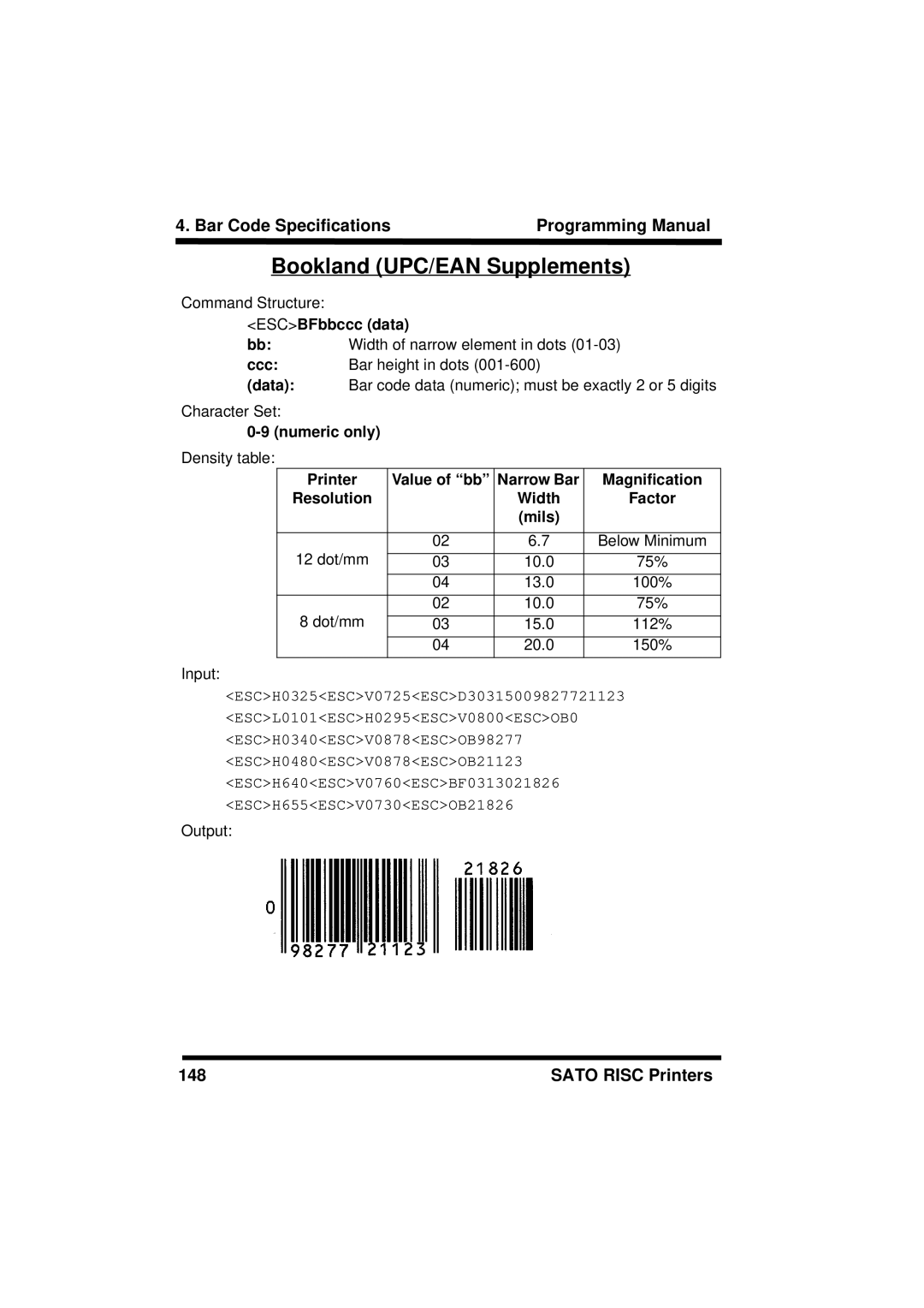 SATO M8485S, XL400/410, M8460S, M8490S, M-8400RV, M8459S, CL408/412, CL608/612 Bookland UPC/EAN Supplements, ESCBFbbccc data 