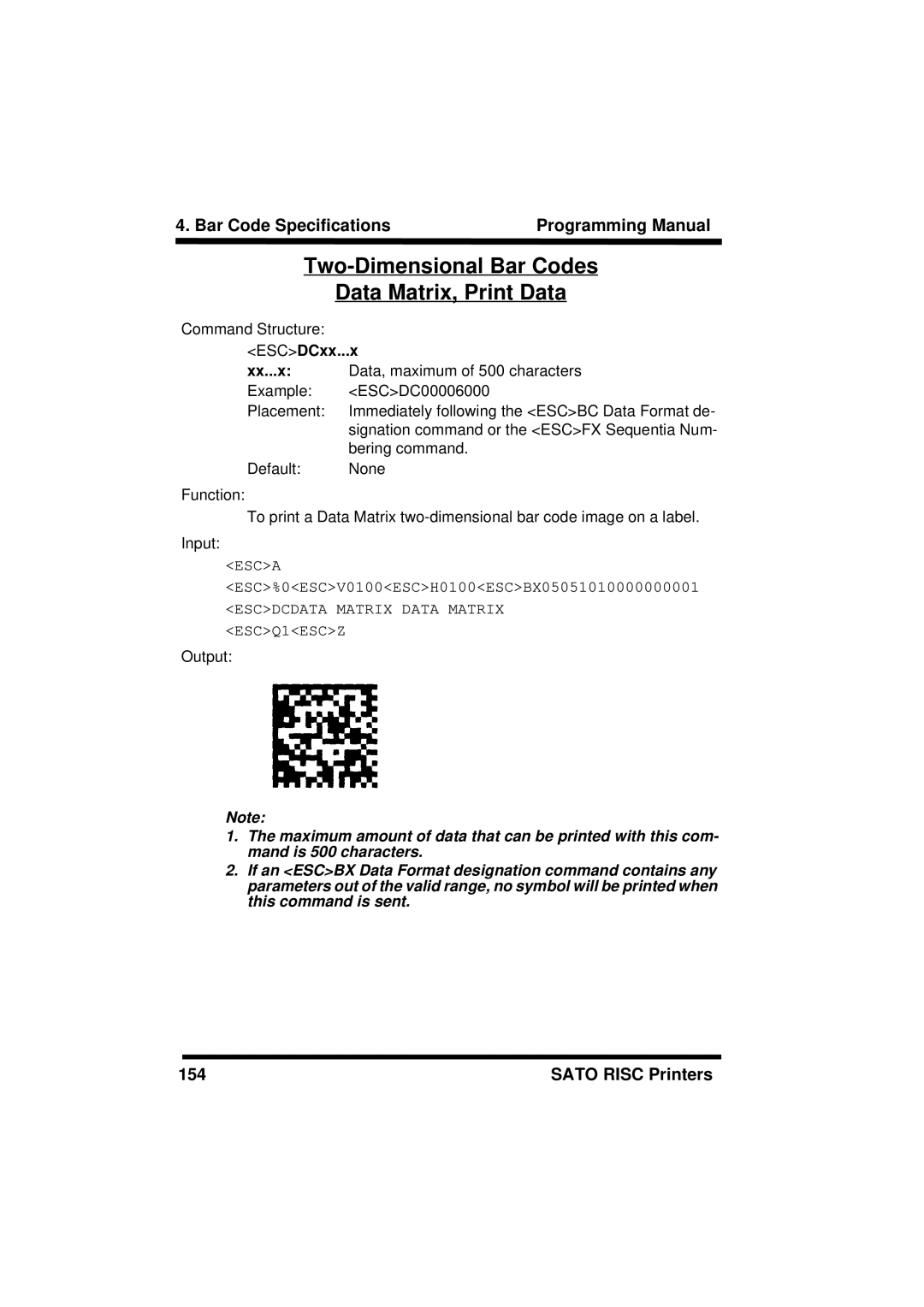 SATO M8490S, XL400/410, M8460S, M-8400RV, M8485S, M8459S manual Two-Dimensional Bar Codes Data Matrix, Print Data, ESCDCxx...x 