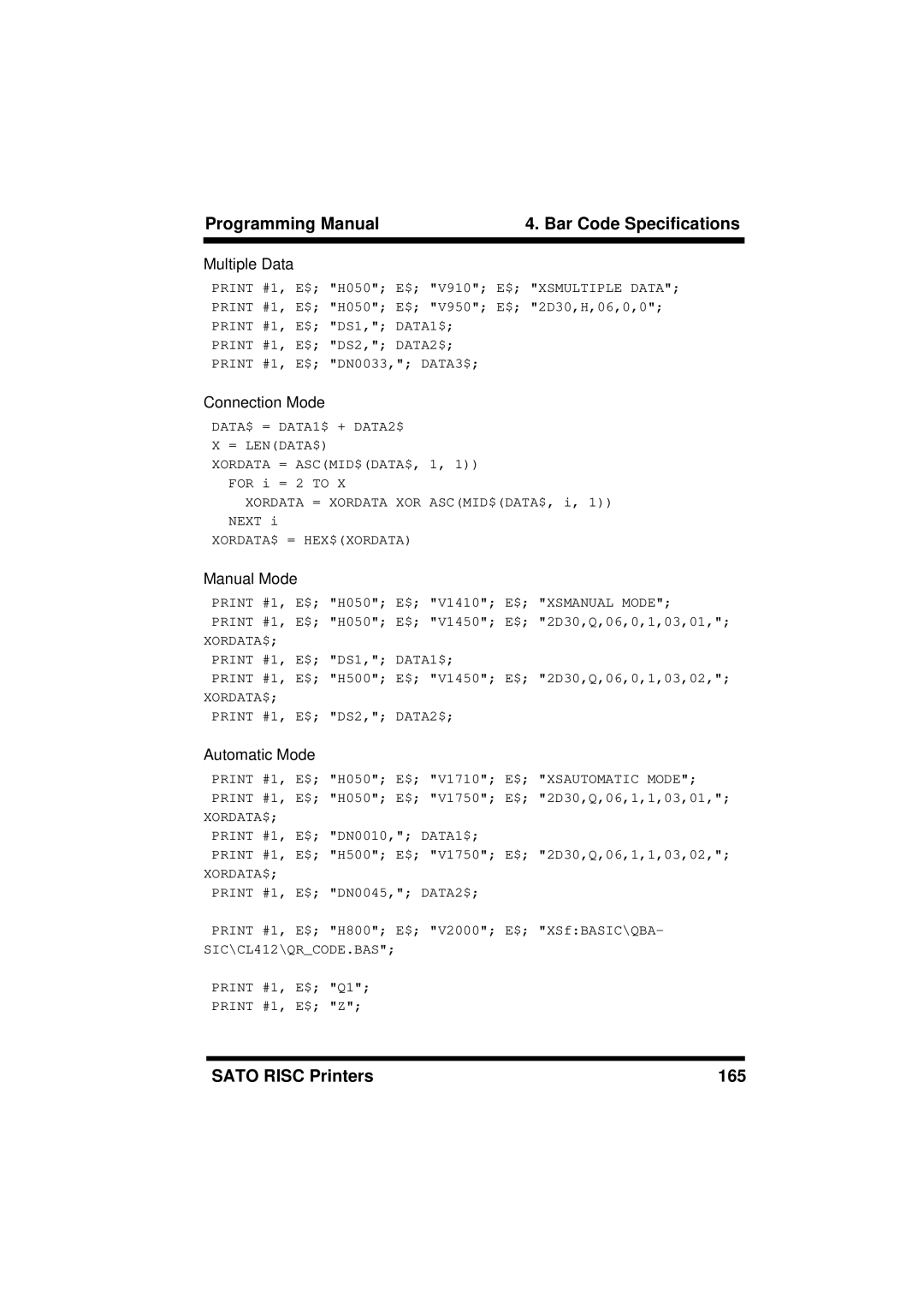 SATO M8459S, XL400/410, M8460S, M8490S, M-8400RV, M8485S, CL408/412, CL608/612 manual Sato Risc Printers 165 