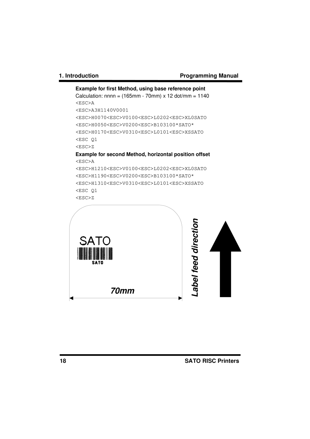 SATO M8490S Example for first Method, using base reference point, Example for second Method, horizontal position offset 