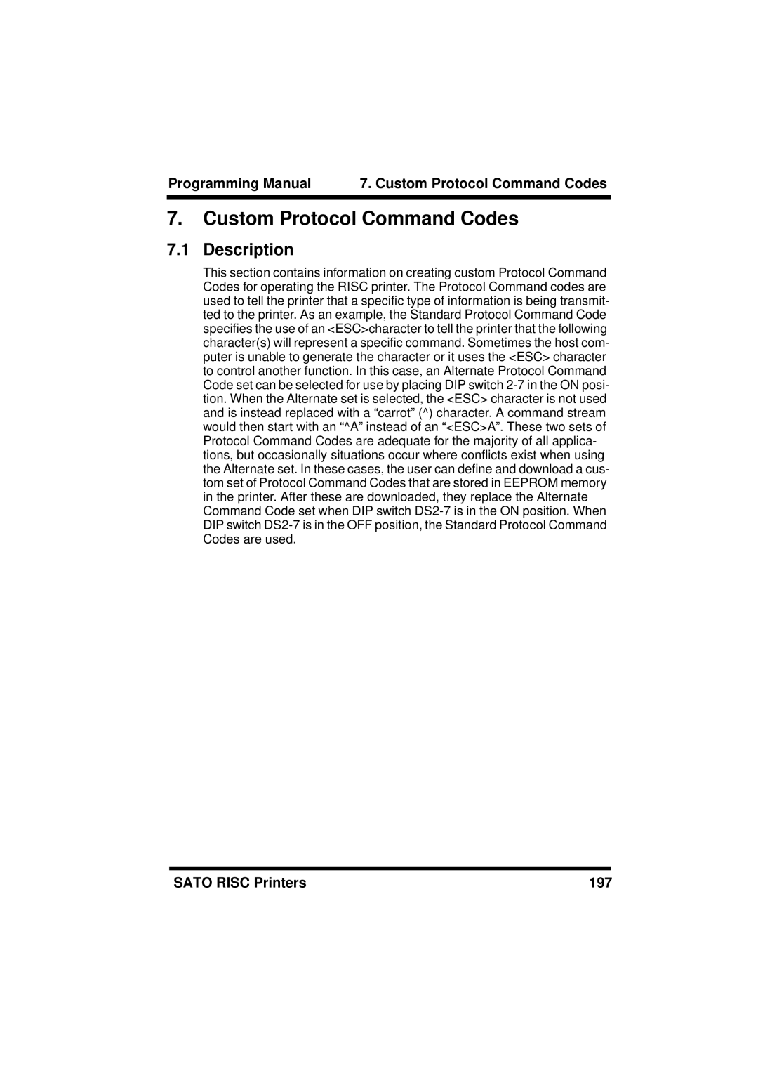 SATO M8459S, XL400/410, M8460S, M8490S, M-8400RV, M8485S, CL408/412, CL608/612 manual Custom Protocol Command Codes, Description 