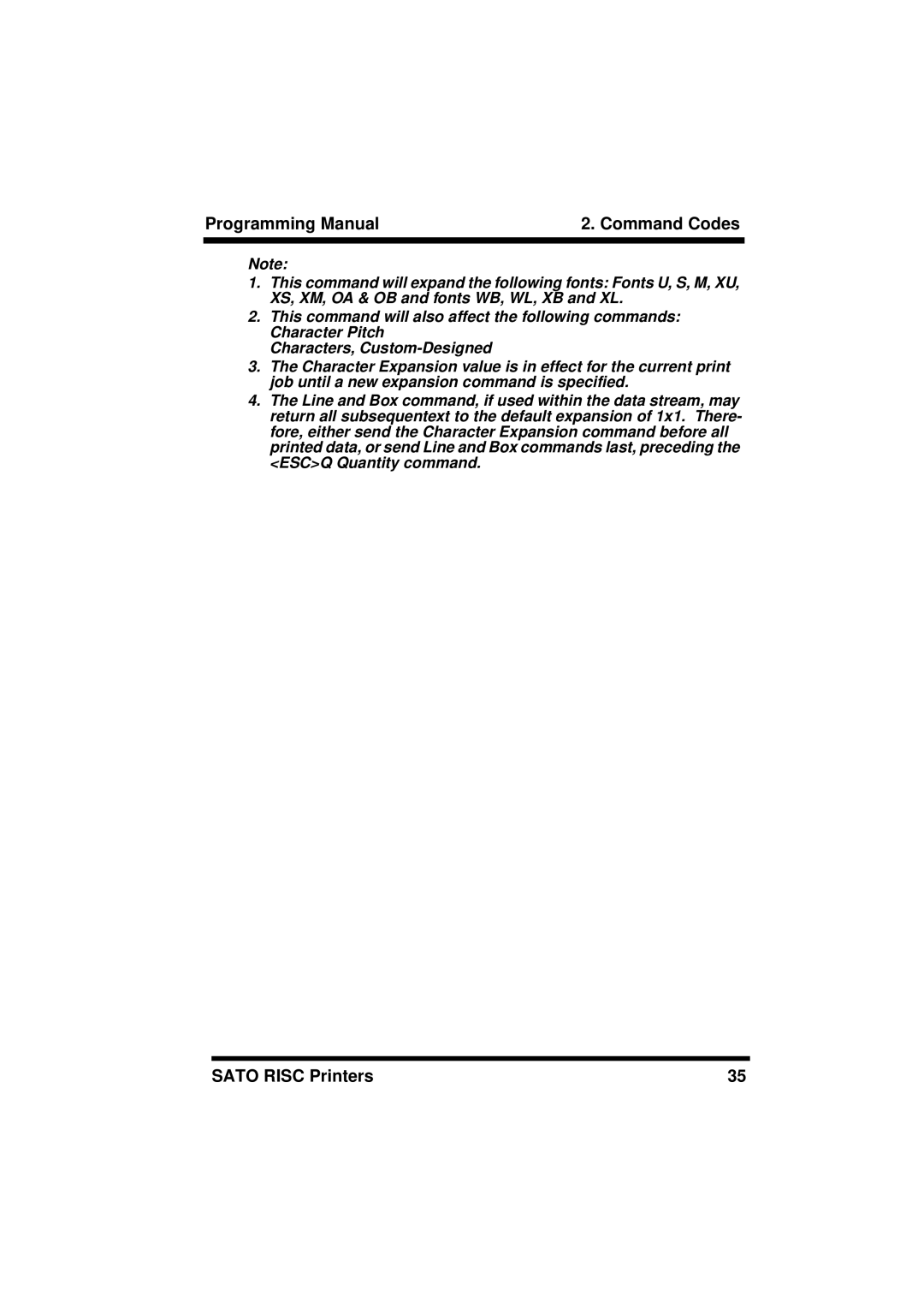 SATO M-8400RV, XL400/410, M8460S, M8490S, M8485S, M8459S, CL408/412, CL608/612 manual Programming Manual Command Codes 